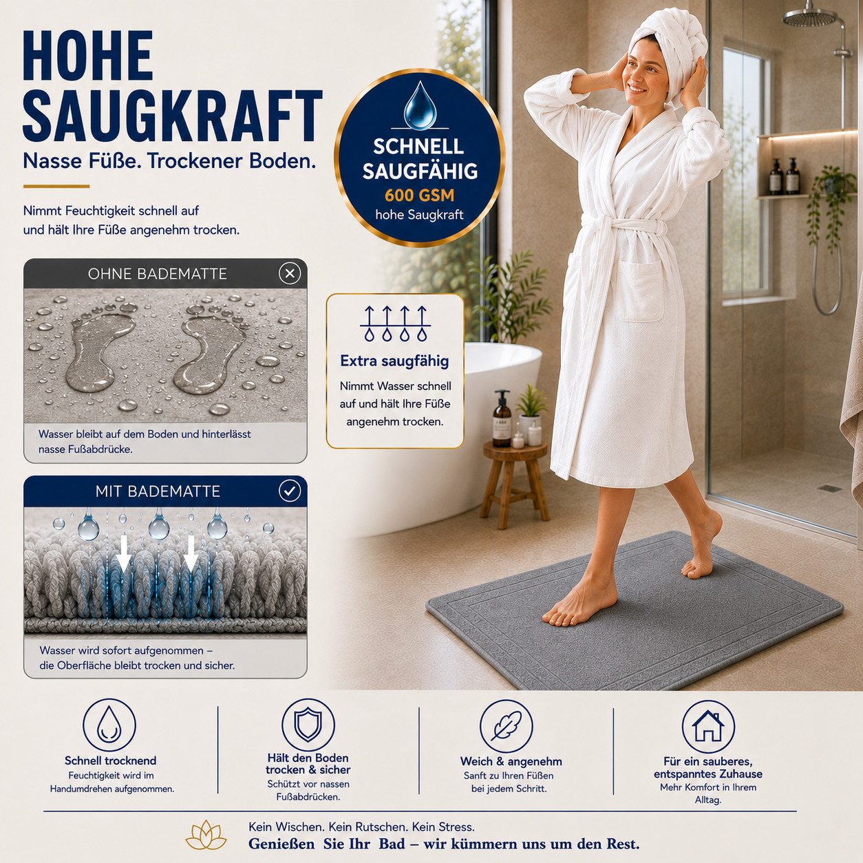 Komfortec Badematte 2er Badetuch Set aus 100% Baumwolle 50x70 cm Extra Weich & Saugstark, Rechteckig, 600 g/m² – Bild 2 von 5