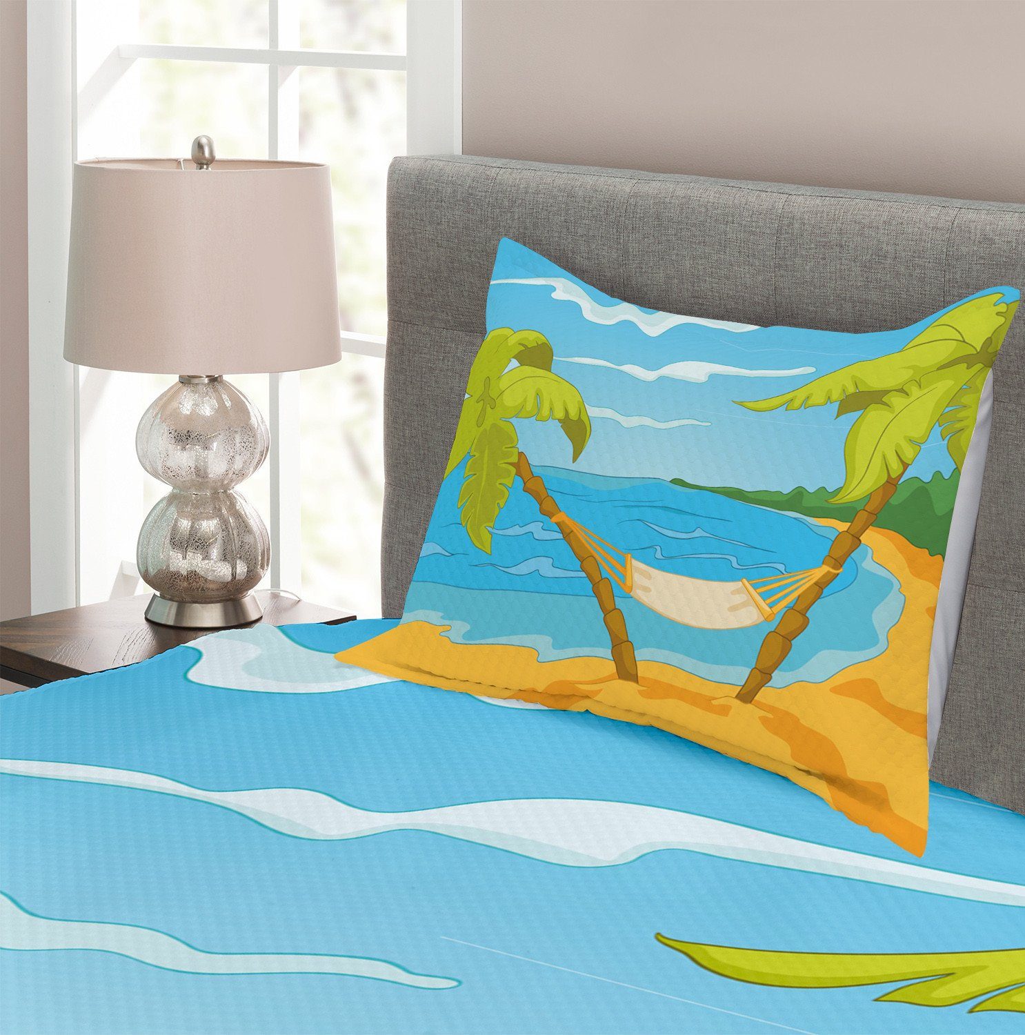 Tagesdecke Set Cartoon Hammock Kissenbezügen Sea mit Abakuhaus, Blue Beach Waschbar, Art
