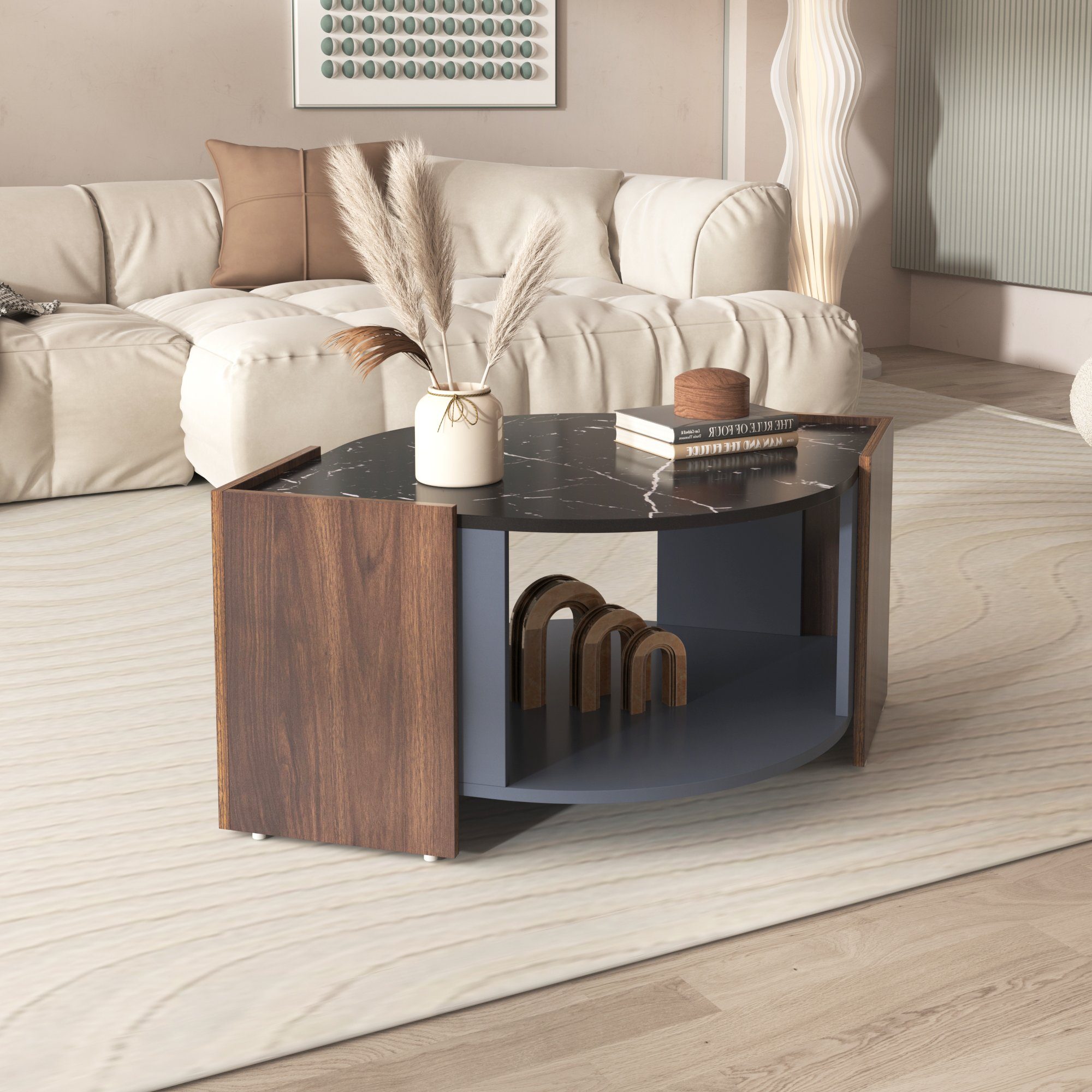 KLAM Satztisch und für aus Marmor HOME Kaffetisch Holz (Beistelltisch Tischplatte aus Walnuss Wohnzimmer), Couchtisch Sofatisch Sofatisch