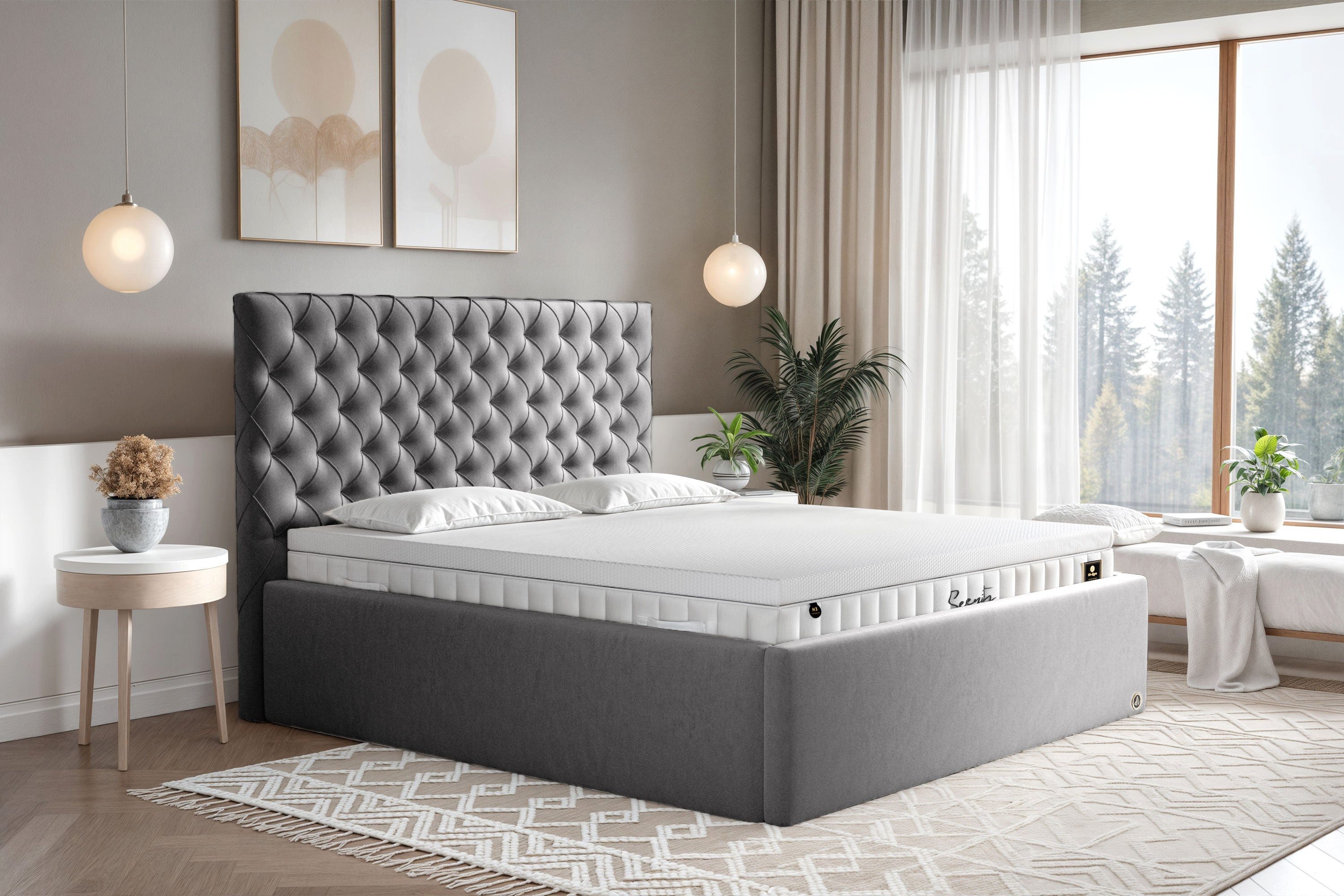 Di-Lara Polsterbett Xenia 90x200 cm (Dunkelgrau, Chesterfield Design & XXL Bettkasten), mit Lattenrost(e), ohne Matratze(n) und Topper