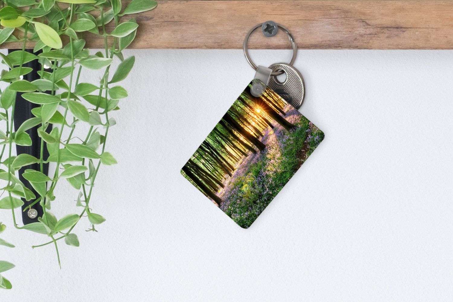 MuchoWow Schlüsselanhänger Wald - Blumen - Lavendel - Sonne - Lila - Natur, Rechteckig mit Schlüsselring, Geschenk, Accessoire, 6x4 cm