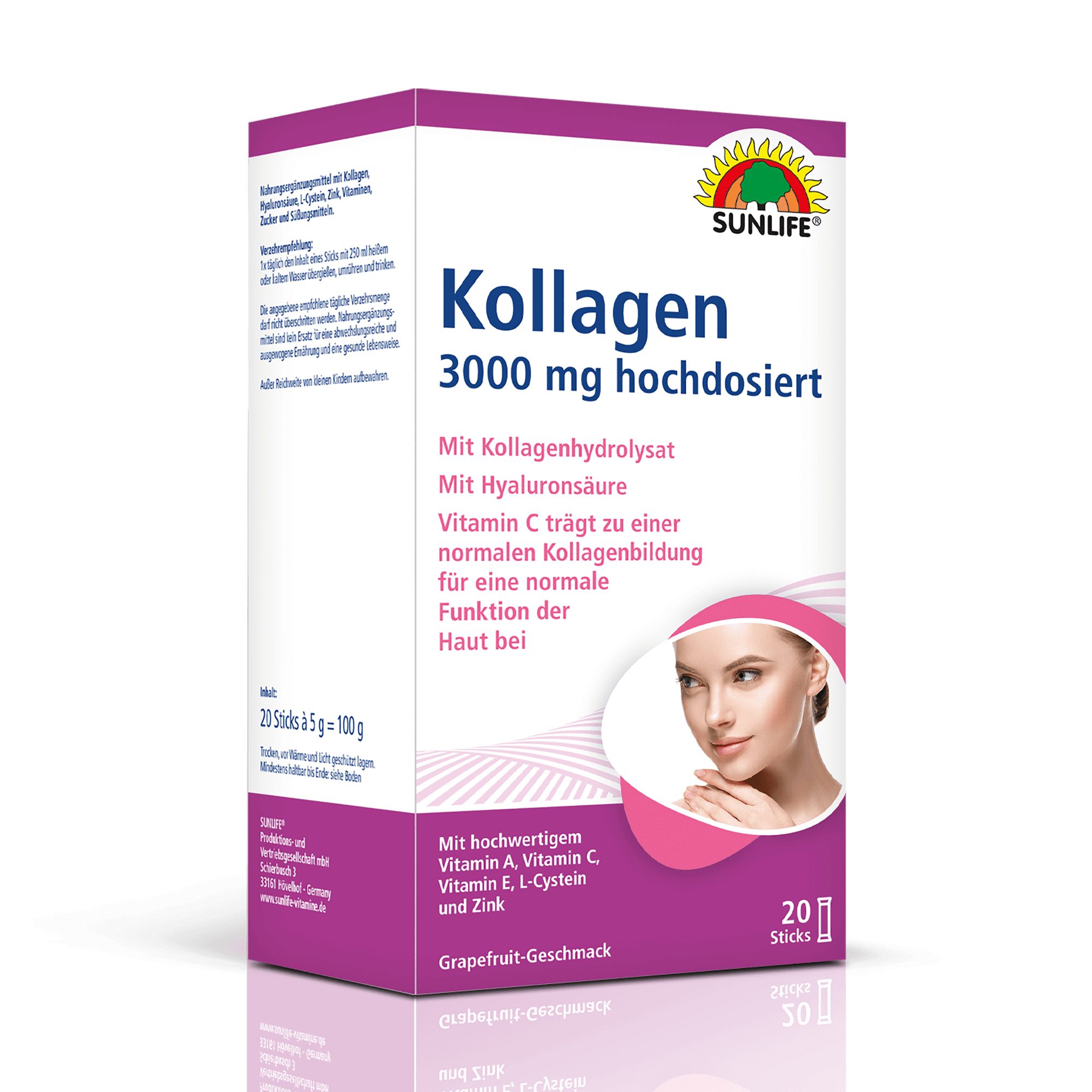 SUNLIFE SUNLIFE® Kollagen-Sticks 3000 mg hochdosiert Hyaluronsäure Antiaging 1 x täglich den Inhalt eines Sticks mit 250 ml heißem oder kaltem Wasser übergießen, umrühren und trinken