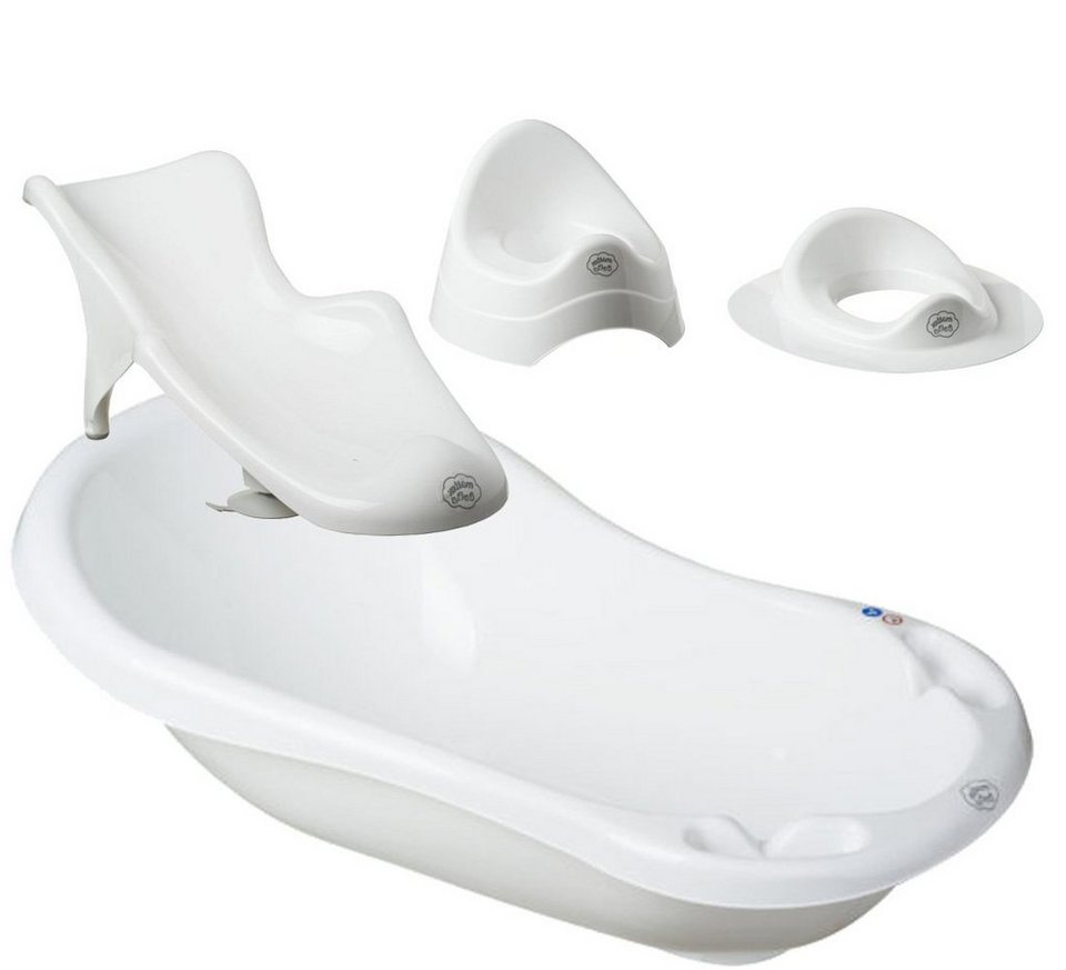 Maltex Babybadewanne 4 Teile SET Classic Weiss - Badeset Baby Badesitz  Wanne 84 cm, (Made in Europe), = BABYWANNE + BADESITZ + TOPF + WC AUFSATZ