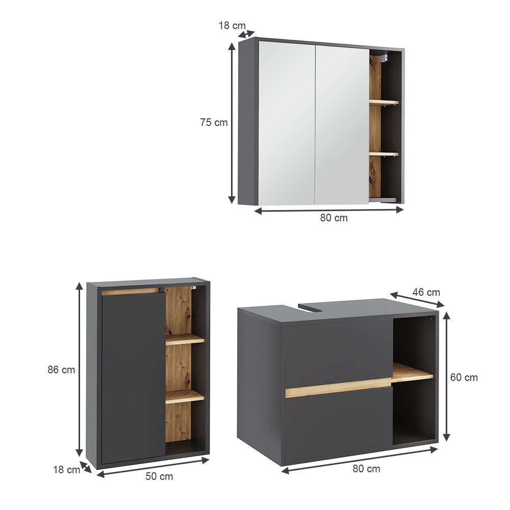 Vicco Badmöbel-Set Viola, Grau/Artisan, 3 Teile, günstig online kaufen