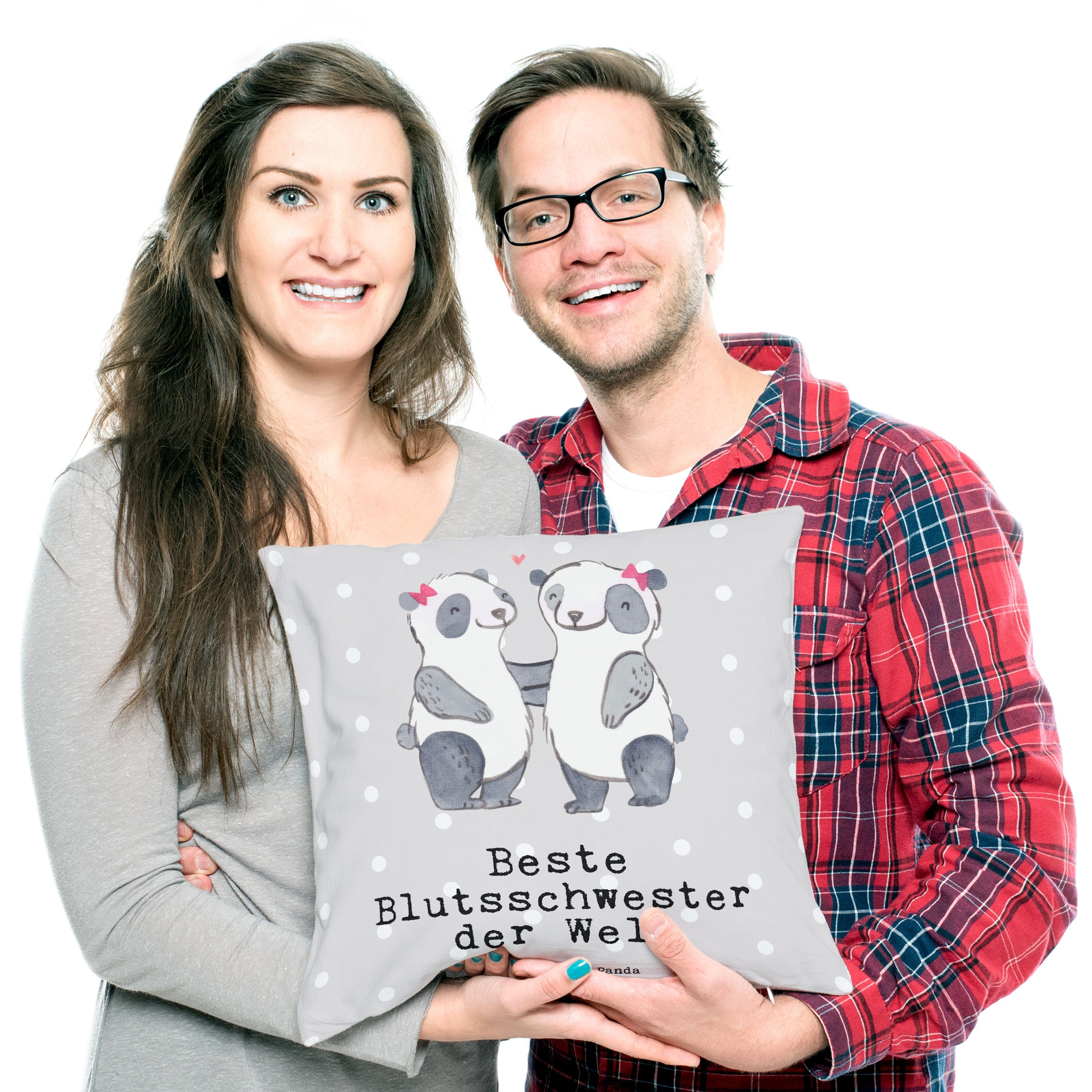 Mr. & Mrs. Kopfki Panda Geschenk, Dekokissen der Panda - Grau Pastell Beste Blutsschwester Welt 