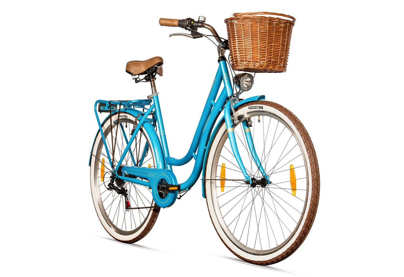 bergsteiger Cityrad Marseille 26 Zoll, 28 Zoll Damenfahrrad, ab 150 cm, Korb aus Rattan, 6 Gang, Kettenschaltung, V-Bremsen