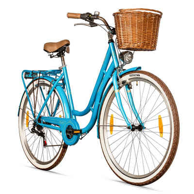 bergsteiger Cityrad Marseille 26 Zoll, 28 Zoll Damenfahrrad, ab 150 cm, Korb aus Rattan, 6 Gang, Kettenschaltung