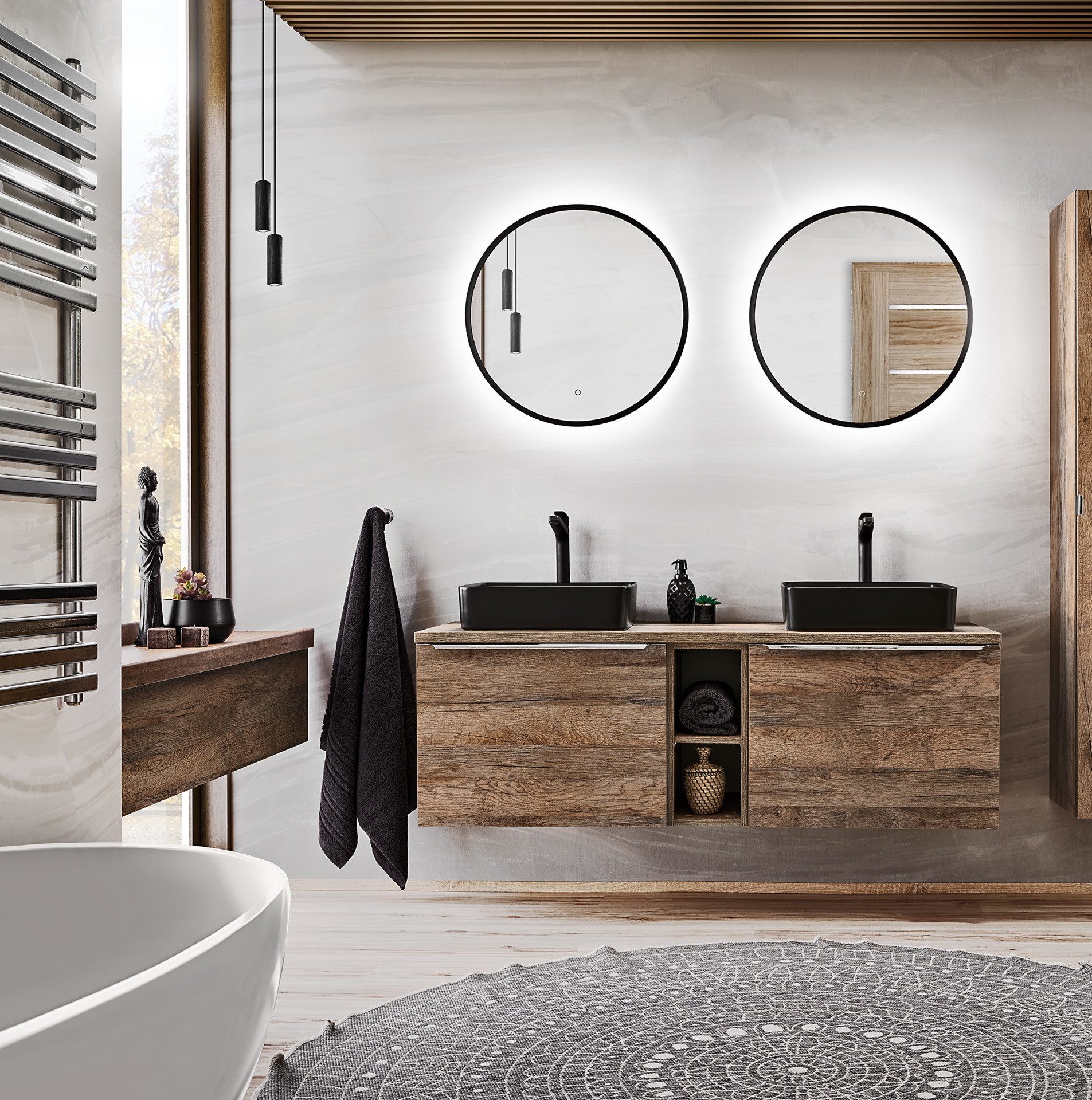 Fun Möbel Badmöbel-Set Serie AKAN 140cm Vintage Eiche 5/7teilig, (Set, 7-St), Spiegel mit LED-Beleuchtung