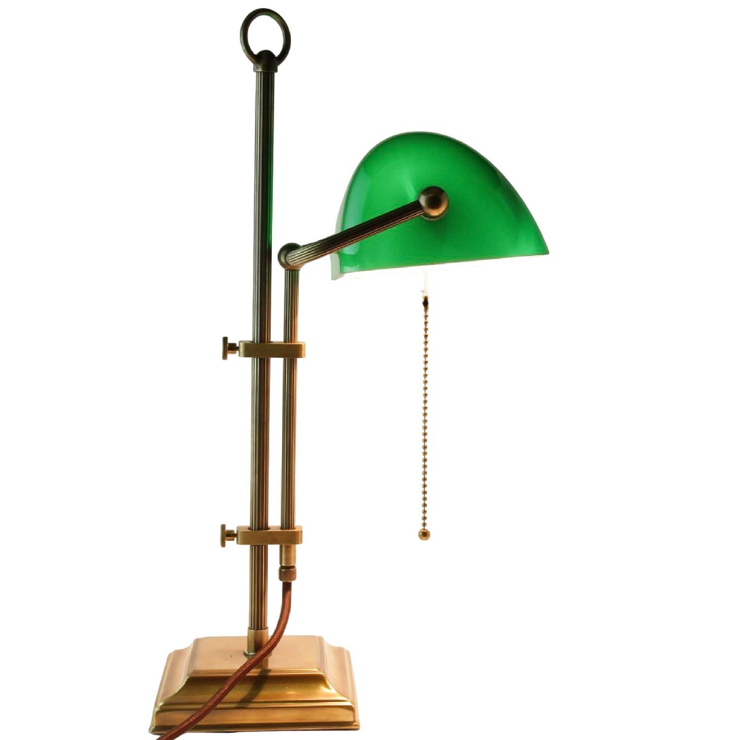 Licht-Erlebnisse Schreibtischlampe W2, ohne Leuchtmittel, Bankerlampe E27 50 cm Grün Echt-Messing Glas Zugschalter Jugendstil