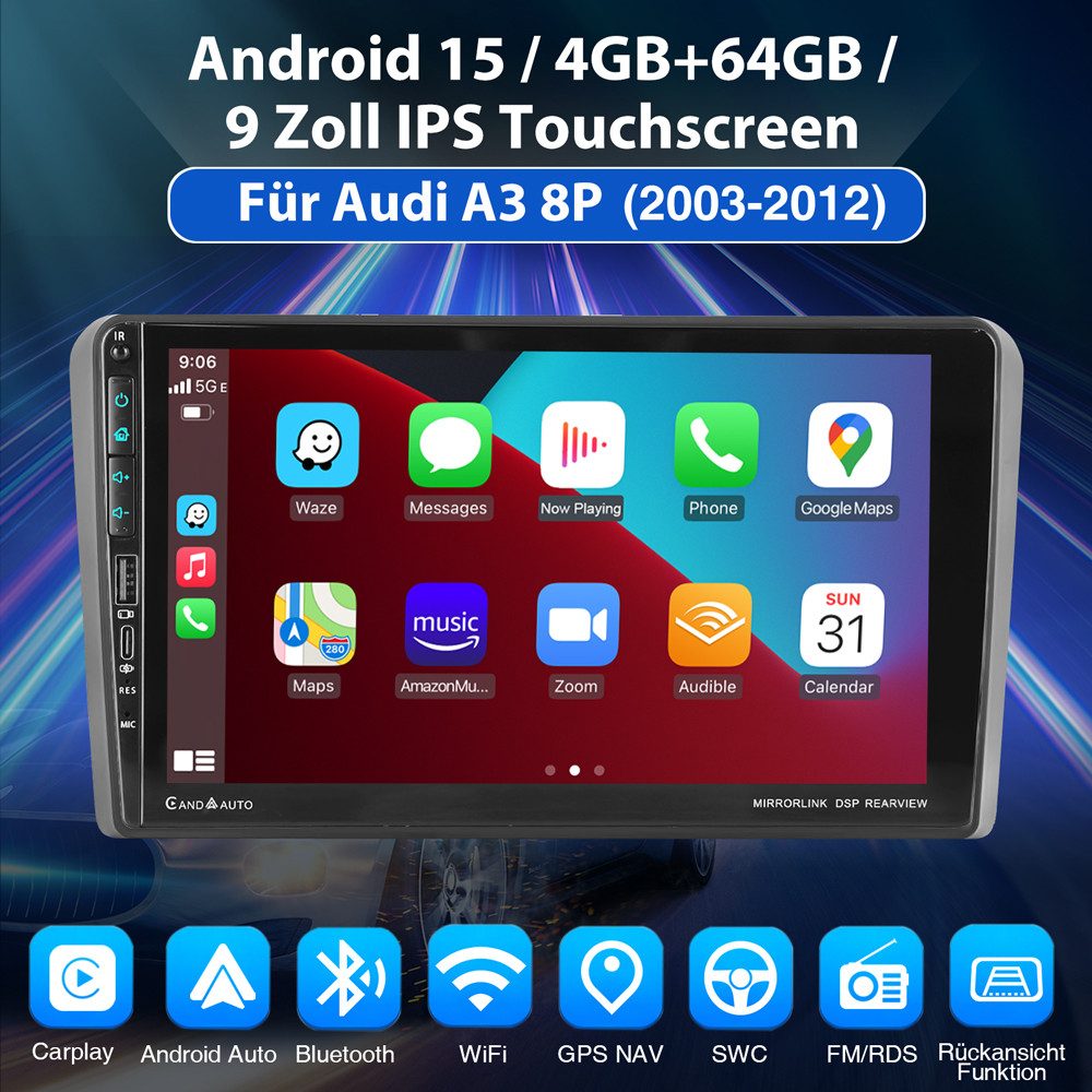 ESSGOO 9" Für Audi A3 S3 RS3 8P 8V Android 15 Carplay Autoradio (RDS, Digitalradio (DAB), FM, AM)