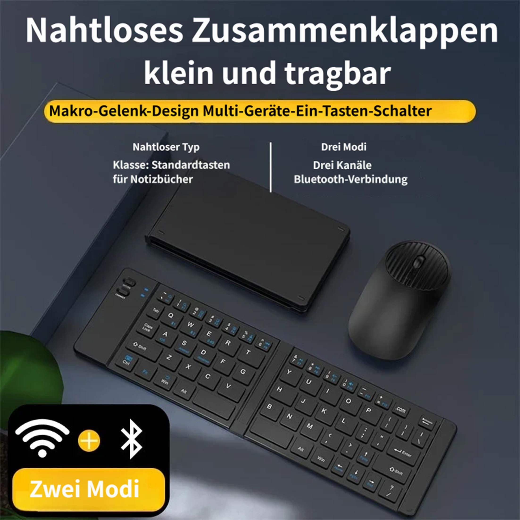 KINSI Faltbare Bluetooth Tastatur Maus Set, 2,4G, kabellos, 3 Geräte, Reise Tastatur- und Maus-Set, Kompatibel mit Windows, Android, iOS und Mac OS