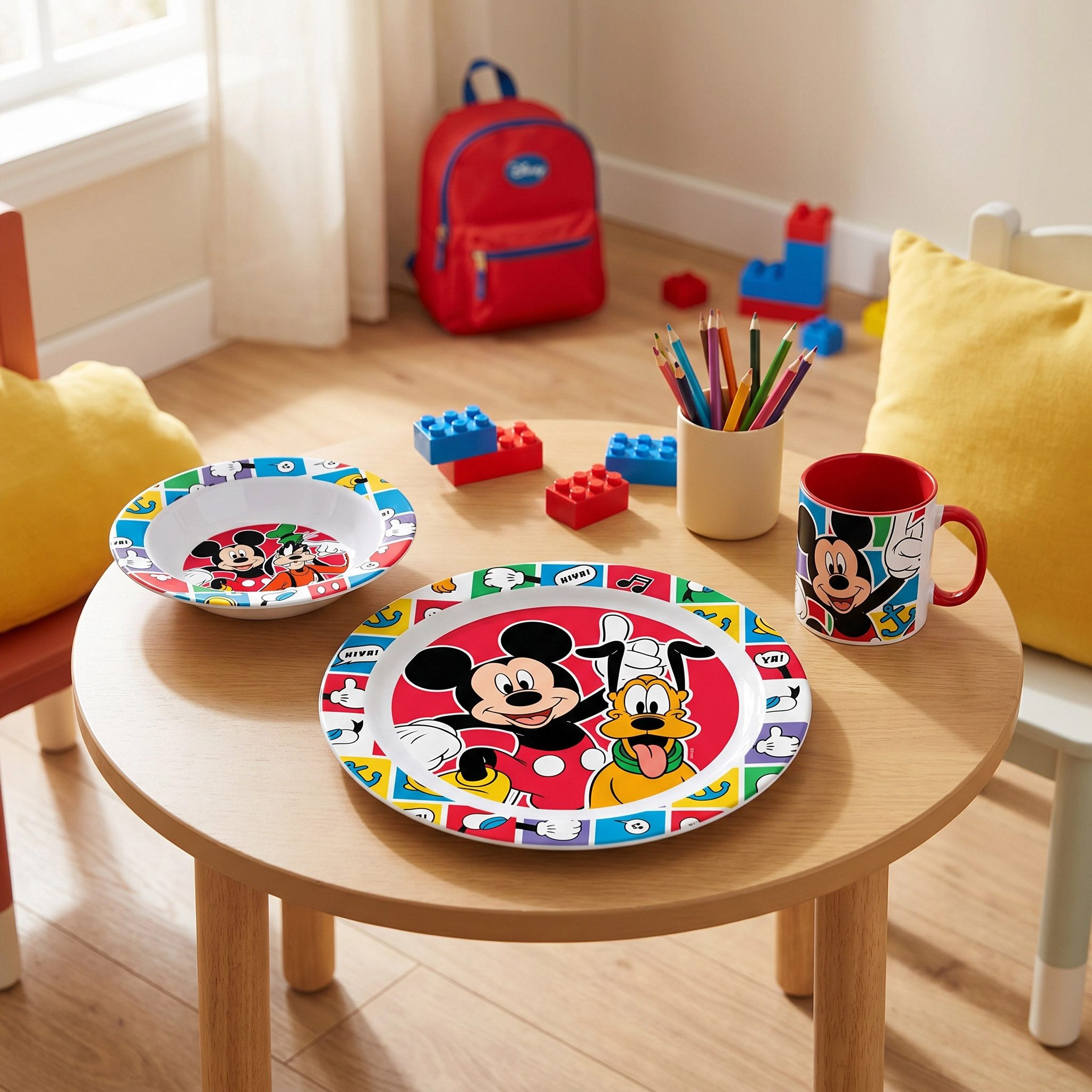 Disney Mickey Mouse Kindergeschirr-Set Mickey Maus Pluto Goofy Kinder Geschirr-Set 3 teilig (3-tlg), 1 Personen, Kuststoff, Becher Teller Schüssel