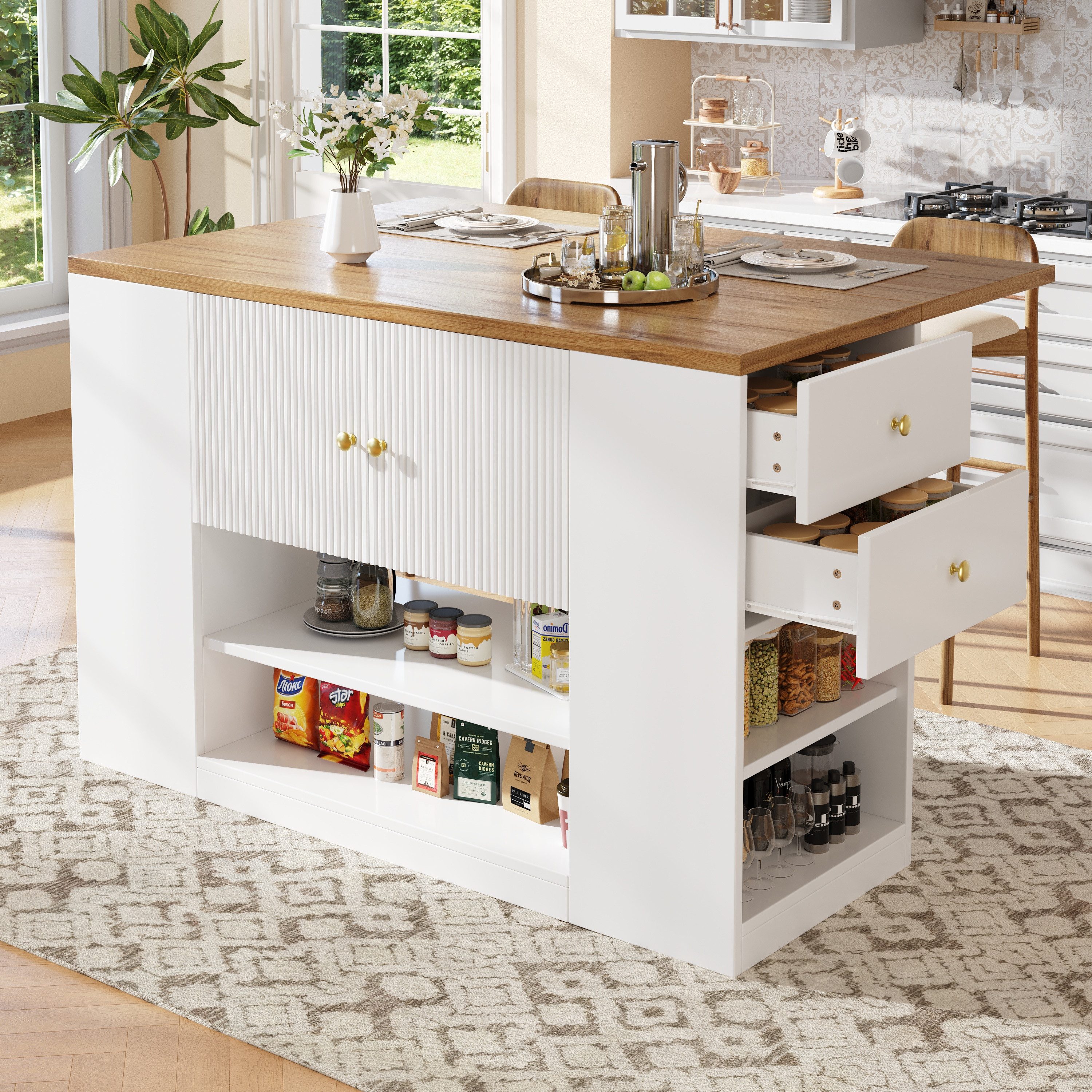 KLAM HOME Kücheninsel Moderne Kücheninsel mit Schubladen und klappbare Tischplatte, (Küchenschrank, Sideboard mit Regalen), Geeignet für Küche, Wohnzimmer, Esszimmer