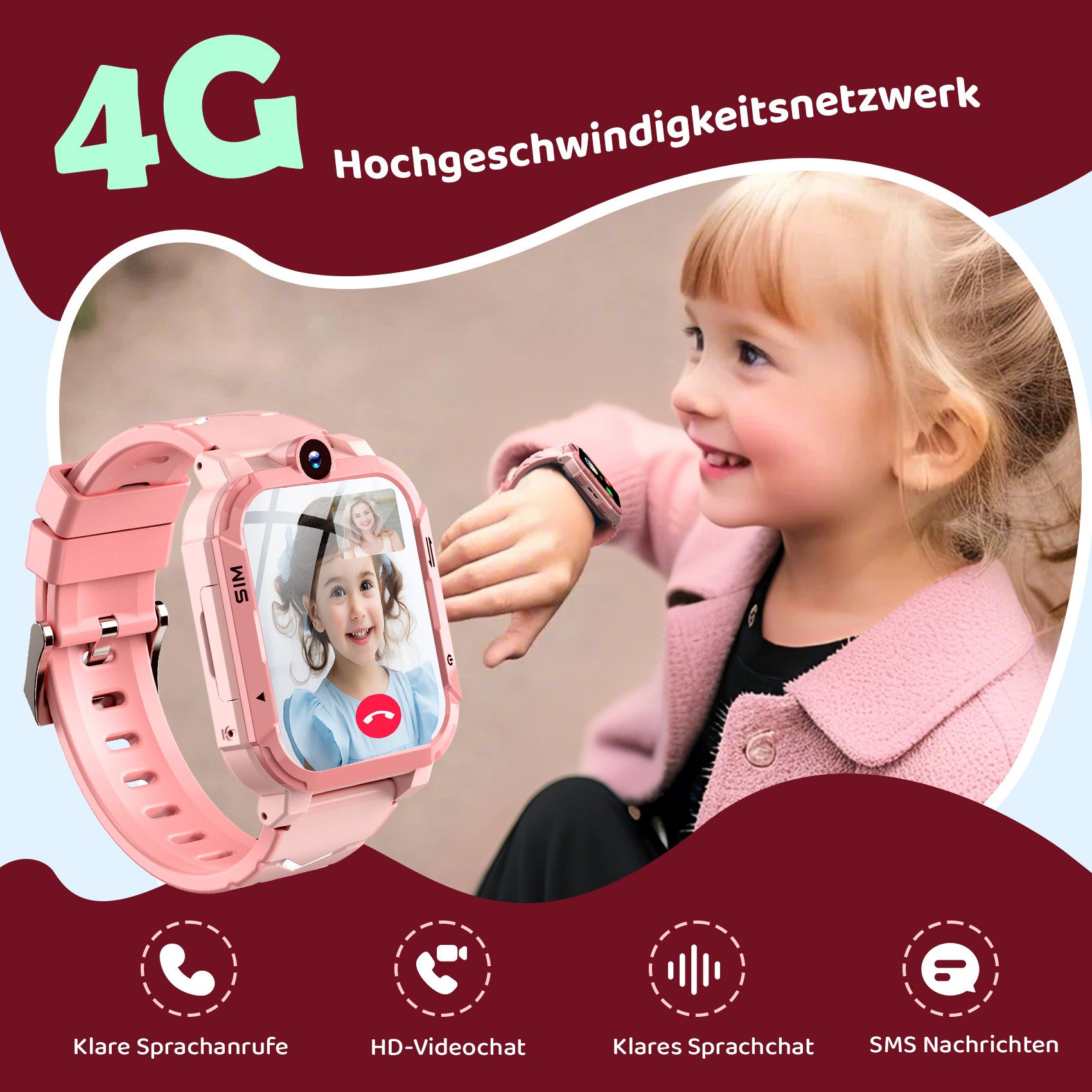 blackview 4G Kinder-Smartwatch–Videoanruf, SOS, 8 MP Kamera, 800 mAh Akku & GPS Smartwatch (1.83 Zoll, IOS/Android), mit Wechselband aus weichemGeflochtenes und Ladekabel, GPS+WLAN+LBS Ortung, 800 mAh, Schulmodus,Mit SIM-Kartensteckplatz,IP67