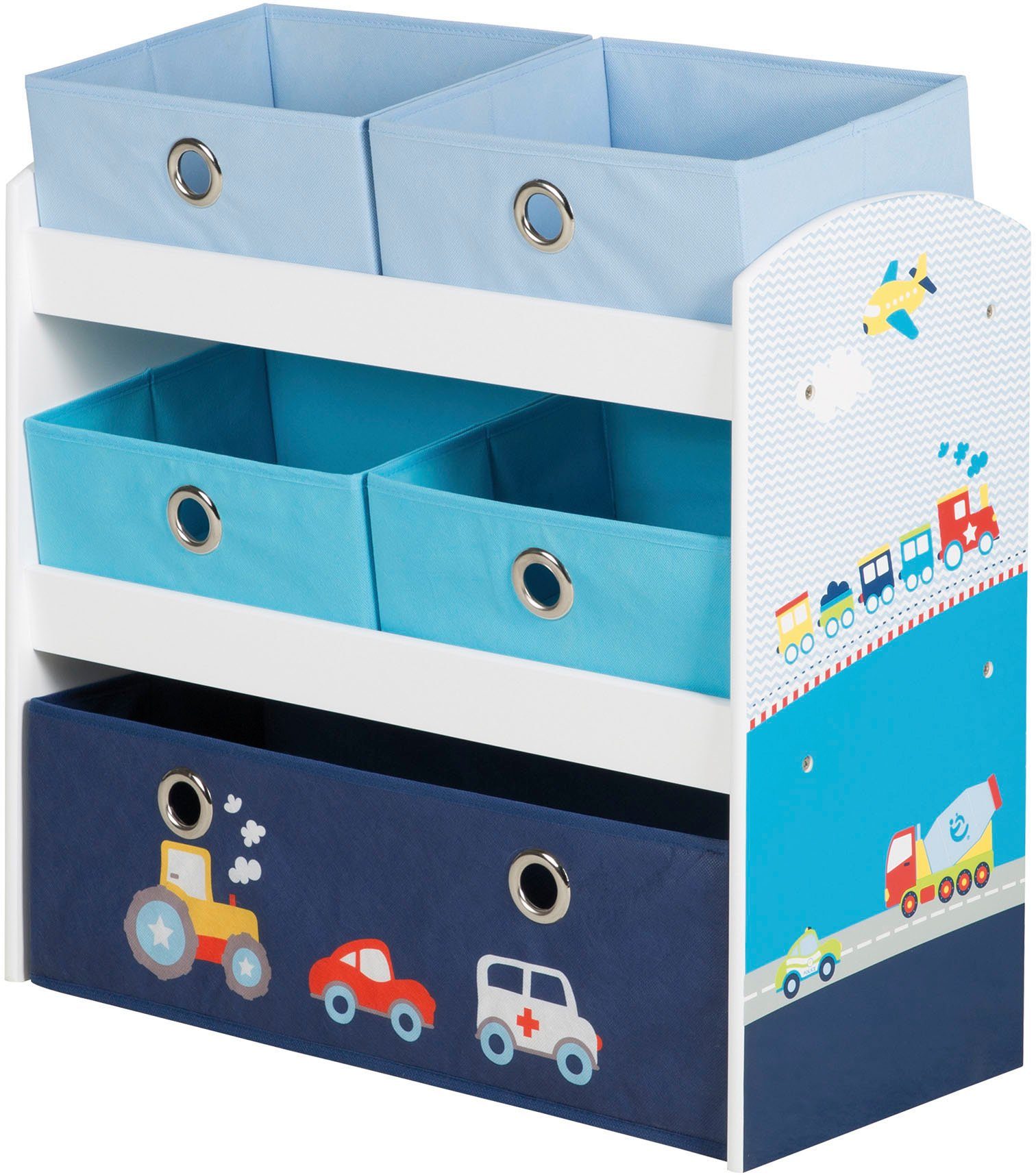 roba® Kinderregal Rennfahrer, bunt, inklusive 5 Stoffboxen in 2 Größen