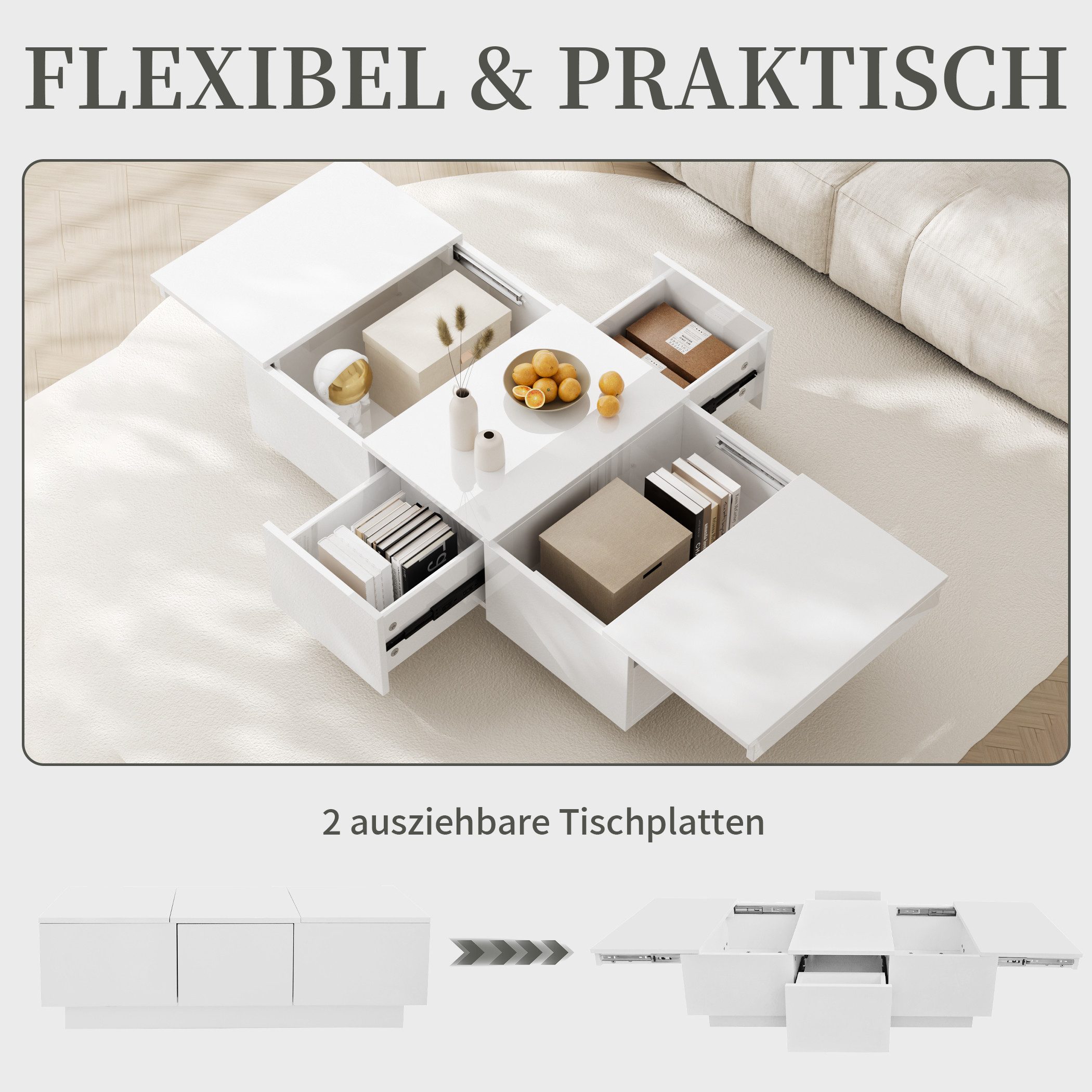 SeedWave Couchtisch Moderner Sofatisch mit Ausziehbaren Tischplatten, Verstecktem Stauraum, 2 Schubladen, hochglänzende Oberflächen