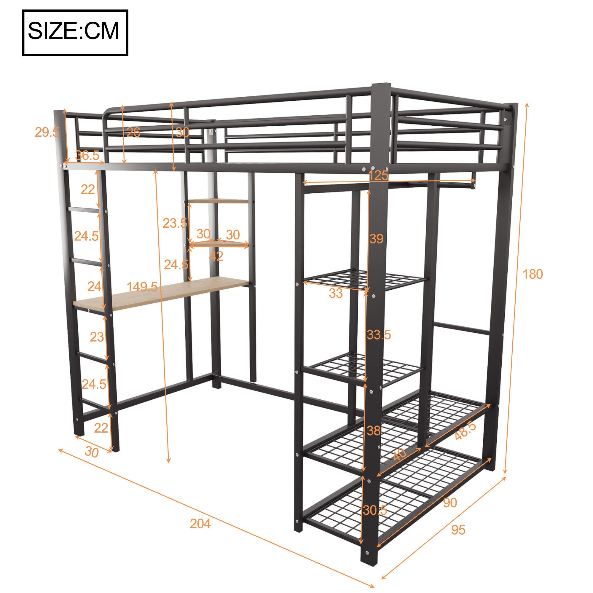 Flieks Hochbett Kinderbett Metallbett 90x200cm mit Tisch und Stauraum günstig online kaufen