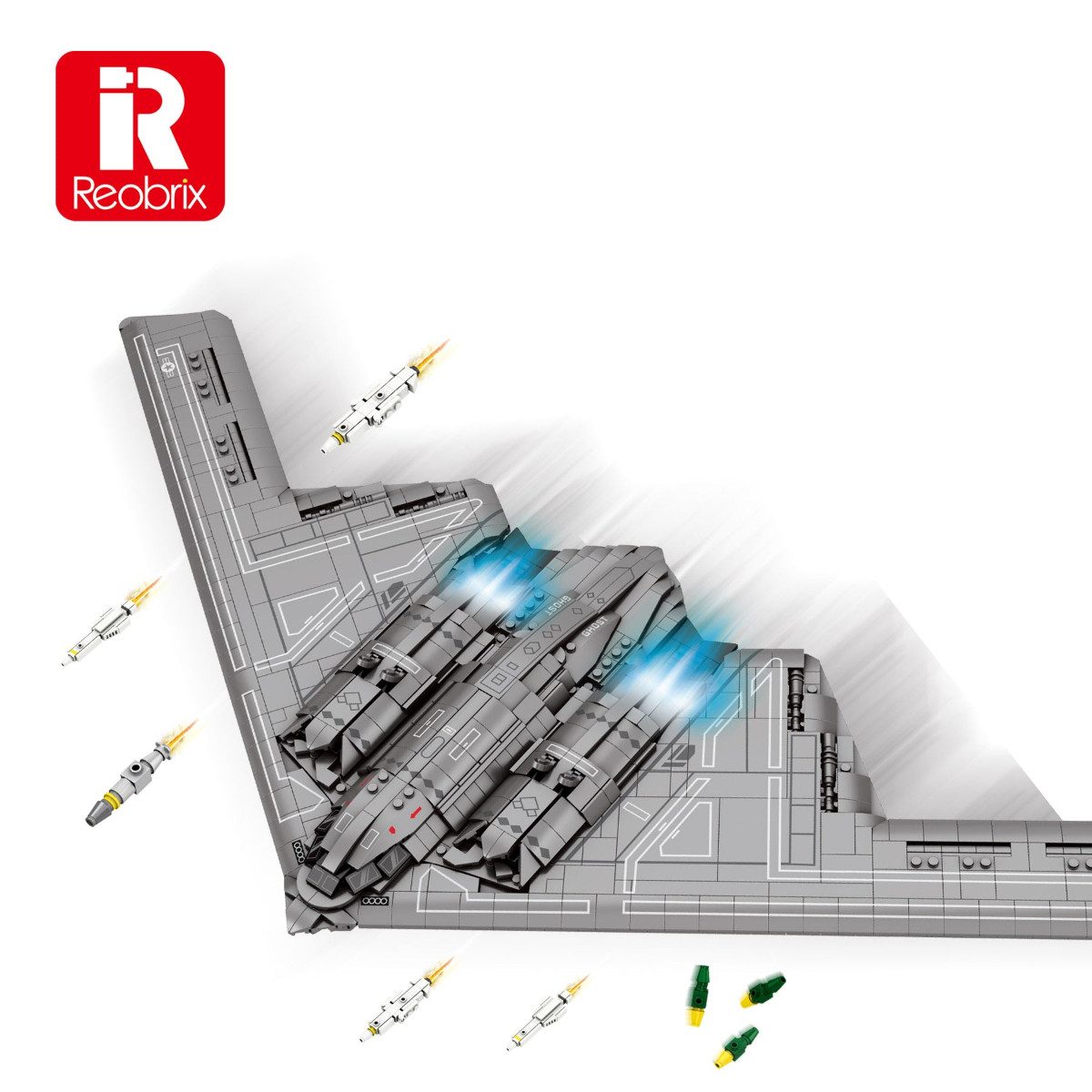 Reobrix 33038 Spielbausteine, (Einzelset, 2063 St., 2063 Teile), Moderner Bomber mit abnehmbarem Fahrwerk