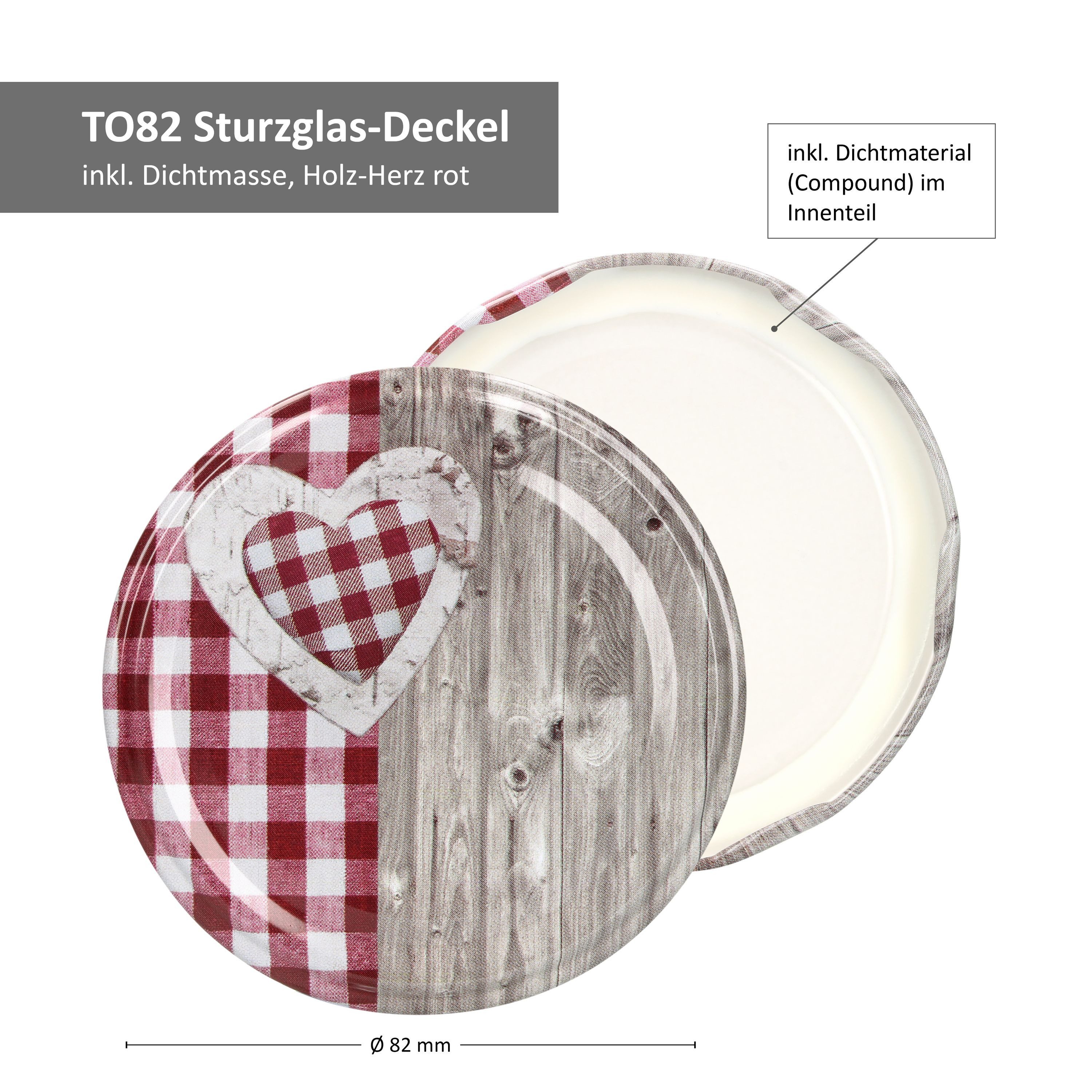 MamboCat Einmachglas 50er Set Deckel To 82 Holz-Herz rot passend für 230ml / 350ml / 435ml, Metall