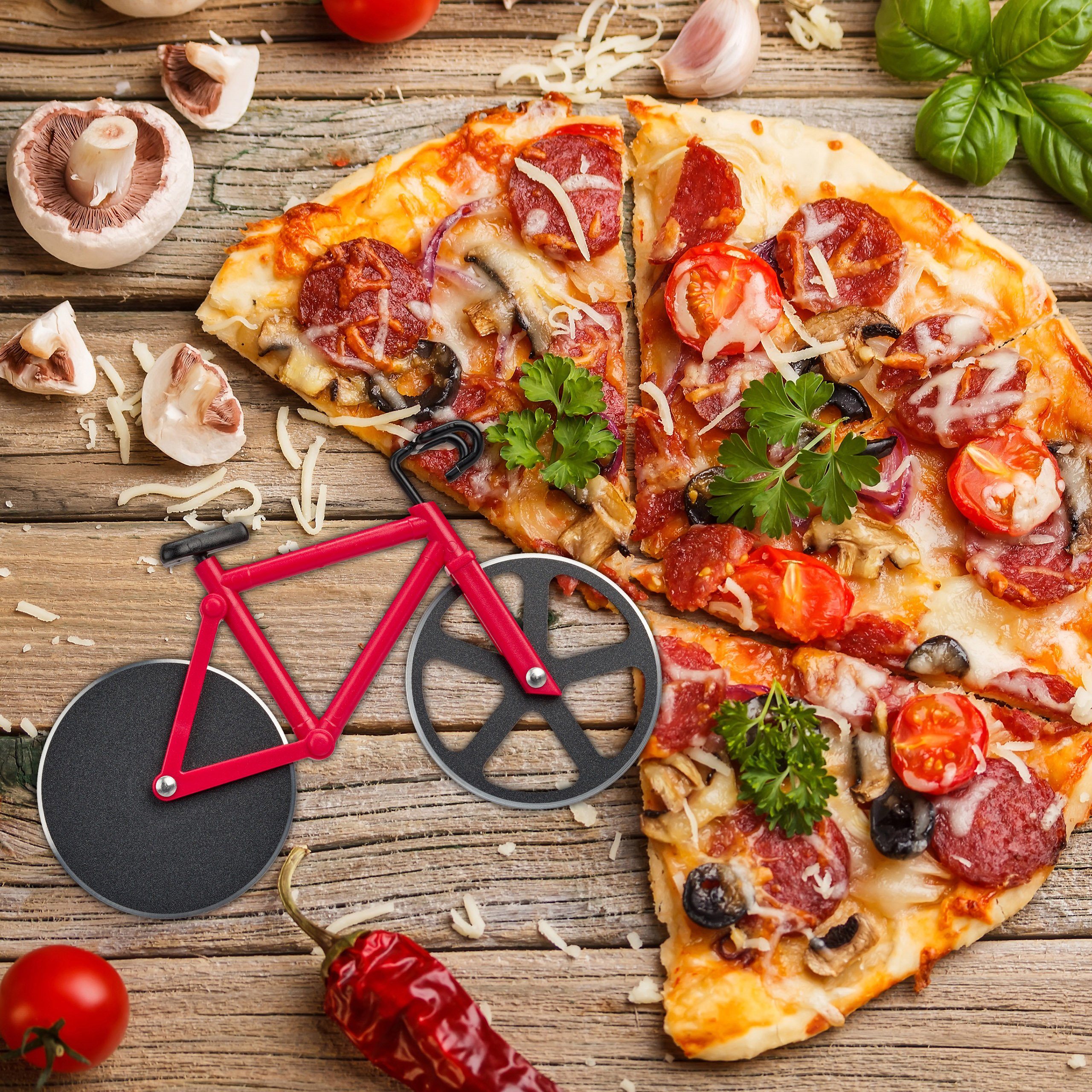 relaxdays Pizzaschneider Fahrrad Pizzaschneider, rot