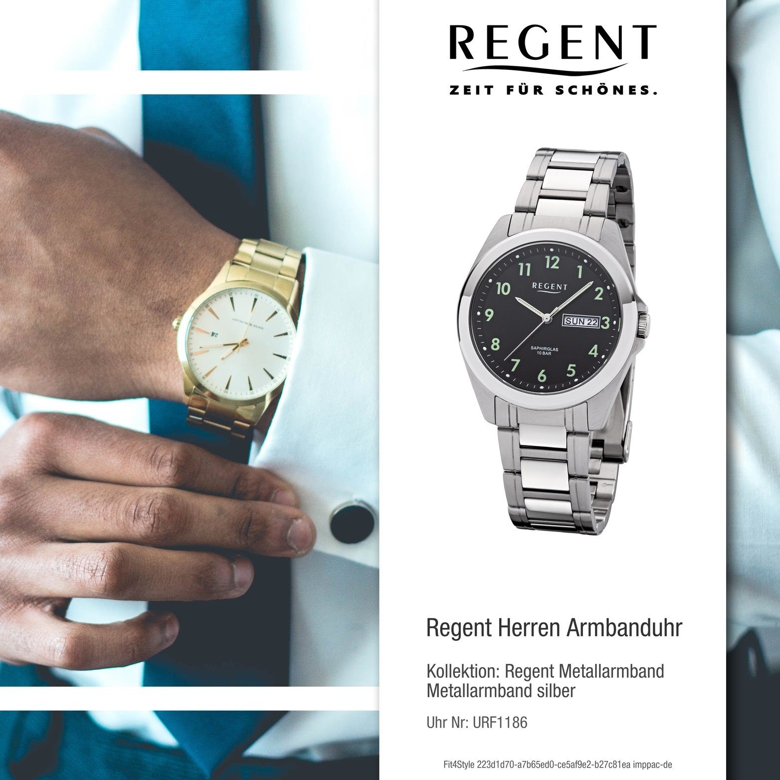 Regent F-1186 silber, Regent Analog, rundes Metall Quarzuhr mittel Metallarmband 38mm) Herren Uhr (ca. Gehäuse, Herrenuhr