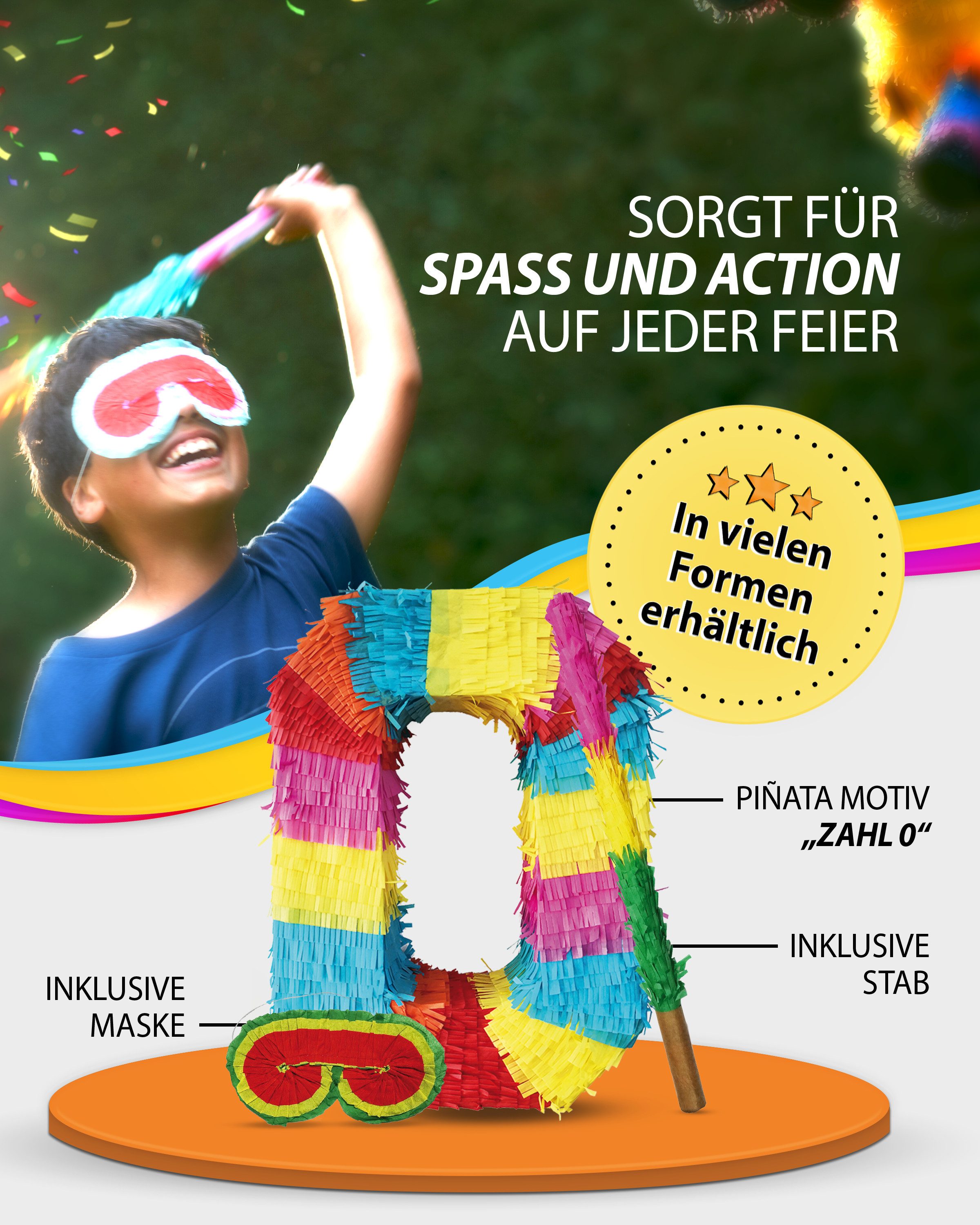 Party Factory Pinata Piñata Zahl 0 mit Stab & Maske – Geburtstags-Dekoration zum Befüllen, 50 x 35 x 8cm