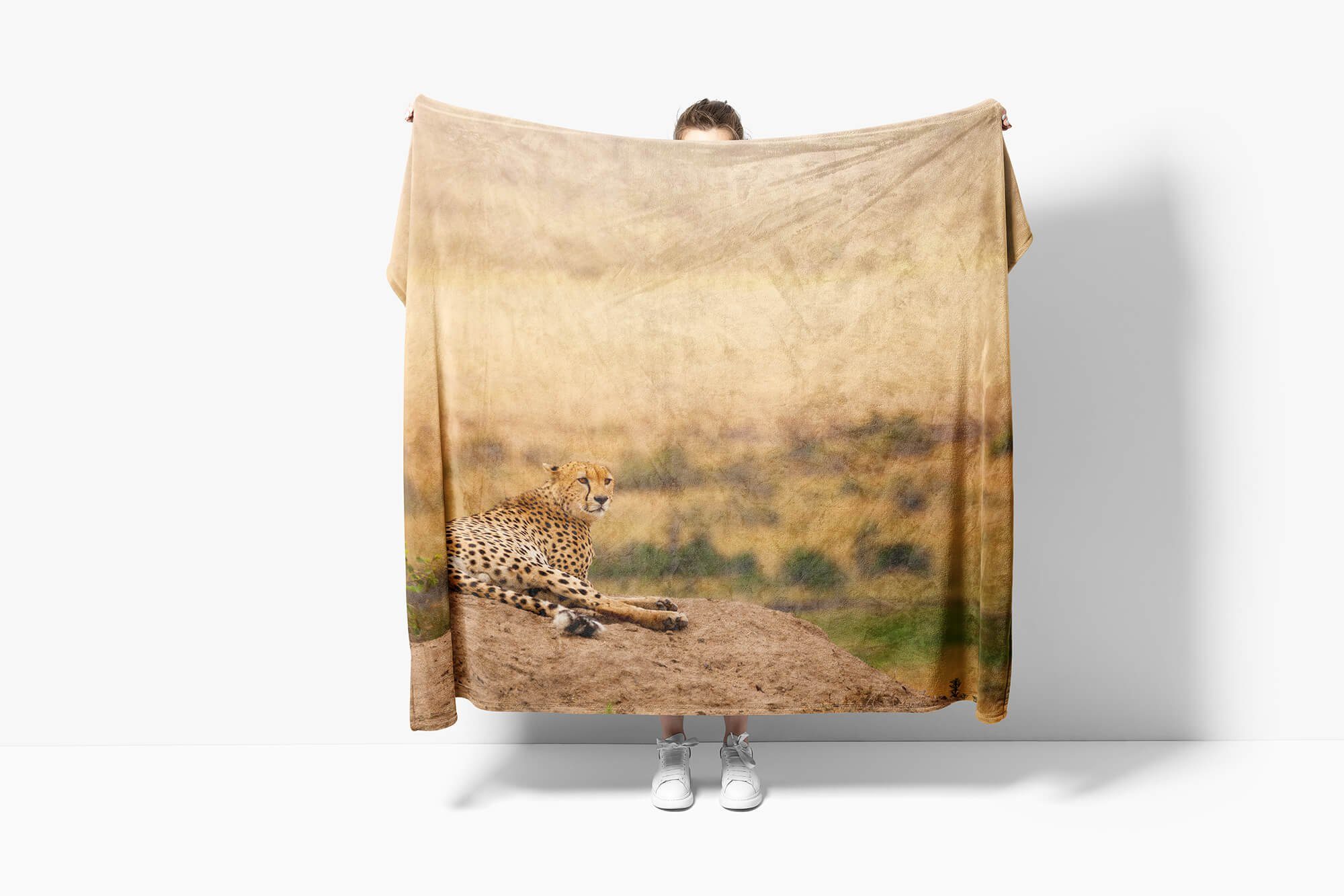 Sinus Art Handtuch Tiermotiv Gepard Kuscheldecke (1-St), mit Saunatuch Baumwolle-Polyester-Mix Handtuch Afrika Handtücher Strandhandtuch Sava