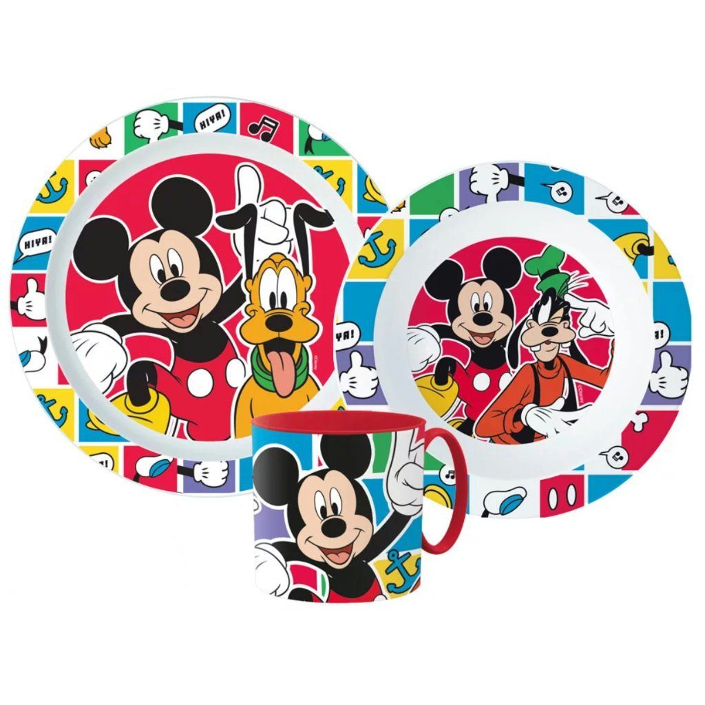 Disney Mickey Mouse Kindergeschirr-Set Mickey Maus Pluto Goofy Kinder Geschirr-Set 3 teilig (3-tlg), 1 Personen, Kuststoff, Becher Teller Schüssel