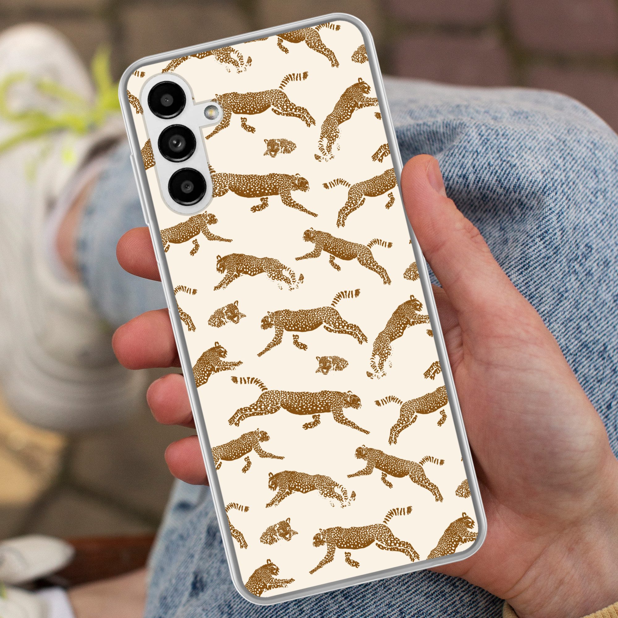 MuchoWow Handyhülle für Samsung Galaxy A04s Panther - Tiere - Beige - Braun - Muster, Handy Case, Silikon, Bumper Case Dünn