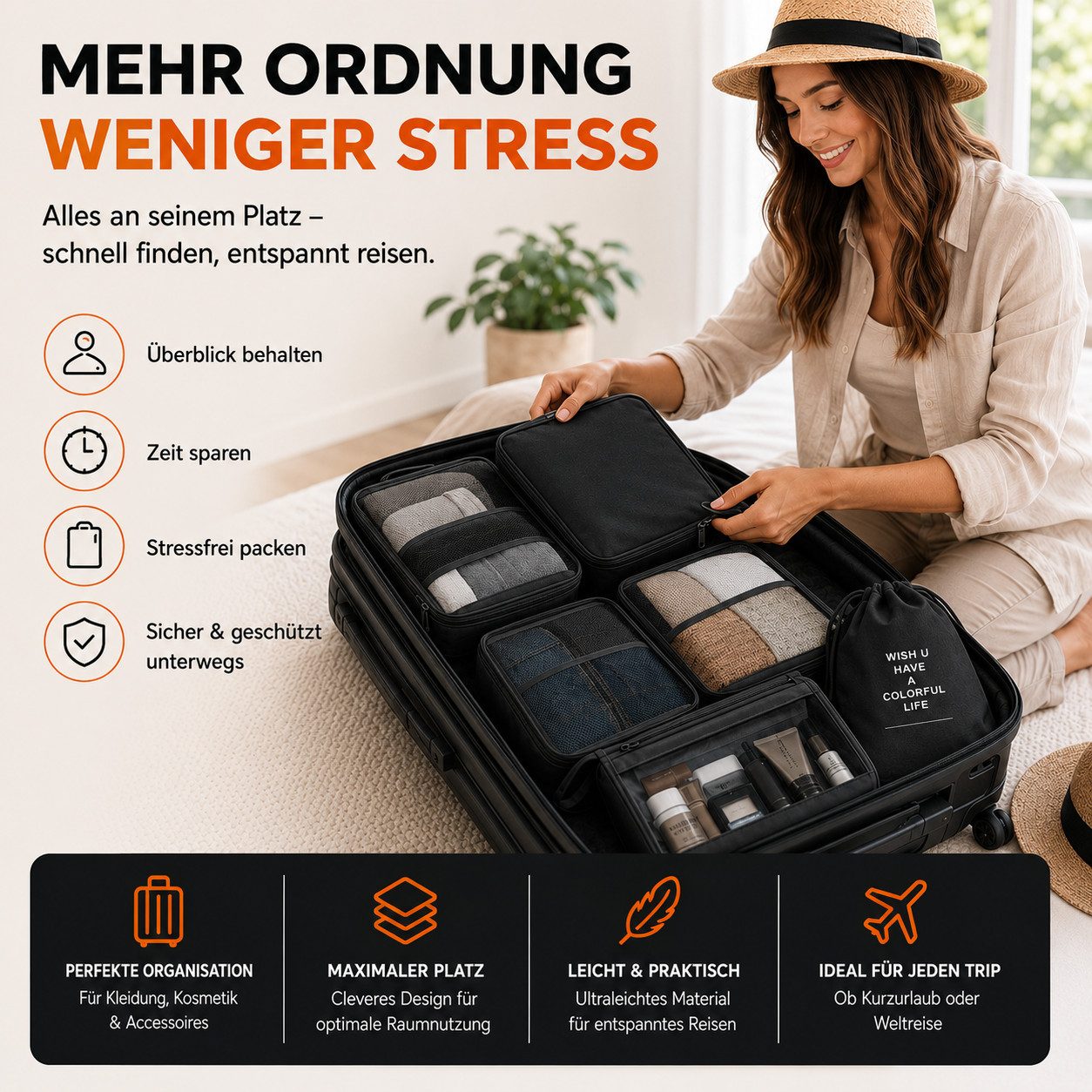 Travelfreund® Kofferorganizer 8er Set Kofferorganizer mit Kosmetiktasche und Packtaschen (Set, 8-tlg., 8x Packtaschen), Faltbar / Verstaubar / Wasserabweisend