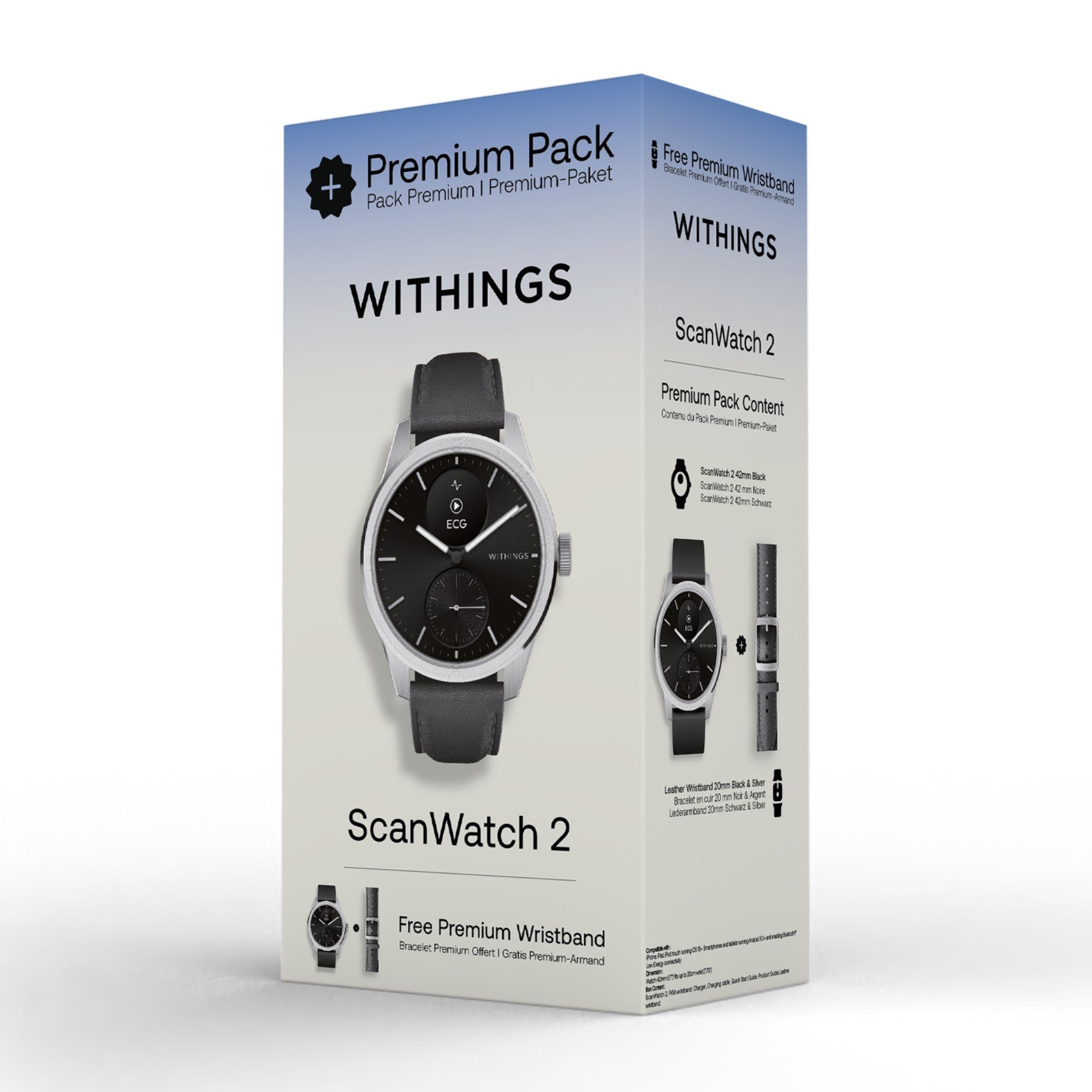 Withings ScanWatch 2 schwarz 42mm + Lederband schwarz Premium Pack  Smartwatch (1,6 cm/0,63 Zoll) Spar-Set