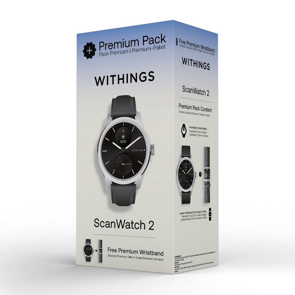 Pack 42mm Premium schwarz Zoll) Smartwatch Lederband 2 schwarz + ScanWatch Spar-Set cm/0,63 Withings (1,6
