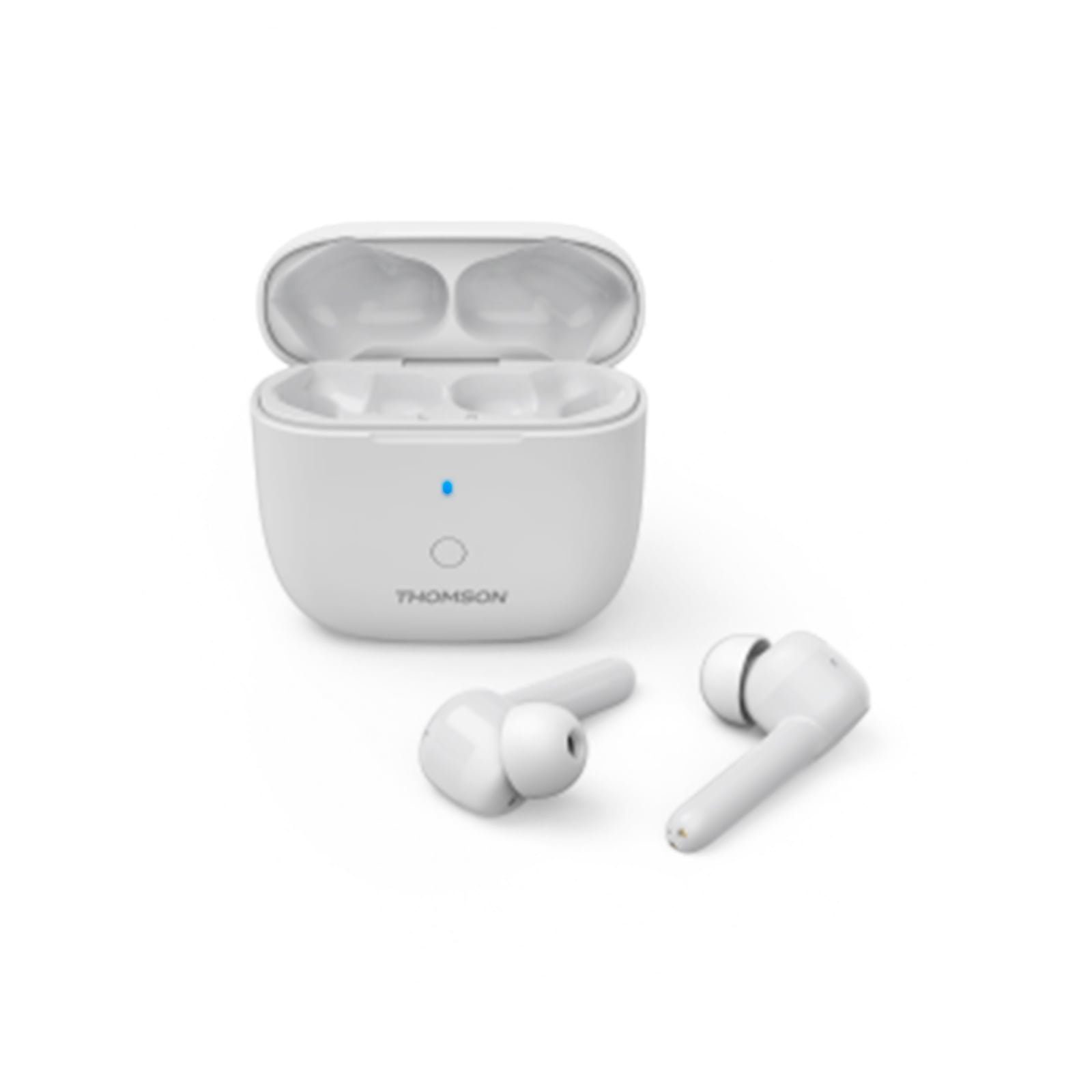 Thomson WEAR7811W True Wireless Stereo In-Ear Headset Bluetooth-Kopfhörer (Sprachsteuerung über Siri & Google Assistant möglich, Bluetooth, A2DP 1.3, AVRCP 1.6, HFP 1.7, HSP 1.2, inklusive Ladecase, 10 Meter Reichweite, 3 Paar Ohrpolster (S/M/L)