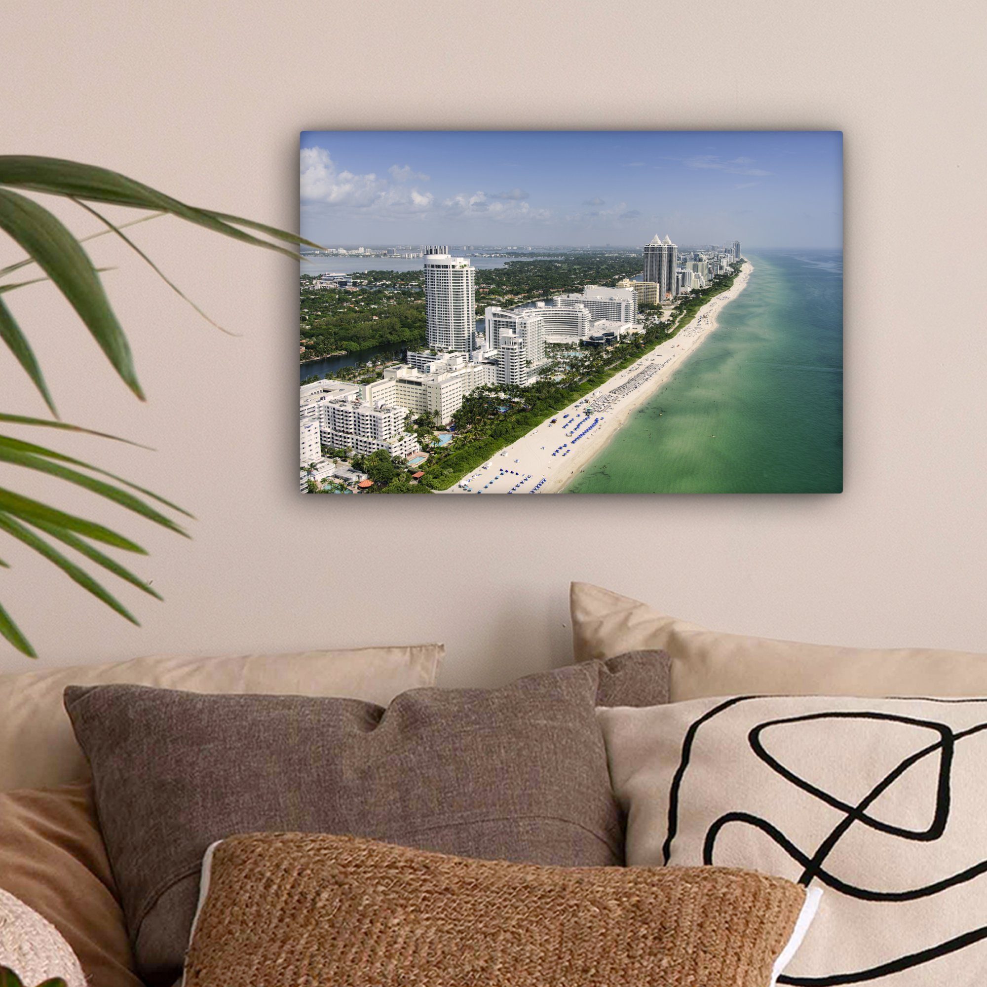 Aufhängefertig, - St), - Miami cm Leinwandbilder, Küste 30x20 (1 Leinwandbild Wanddeko, OneMillionCanvasses® Amerika, Wandbild