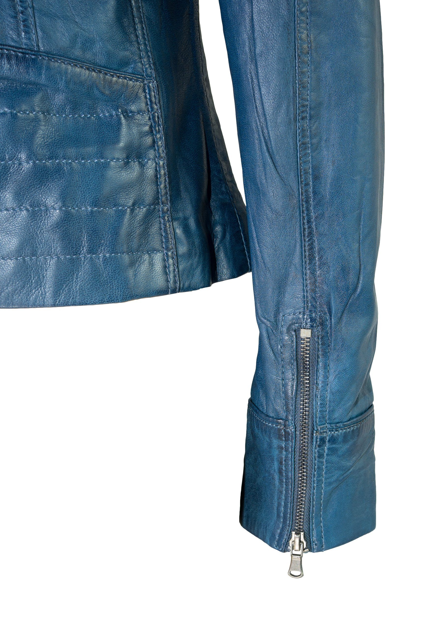 Lolus Lederjacke Mariah royalblau Kurze Damen Biker Lederjacke mit Reverskragen
