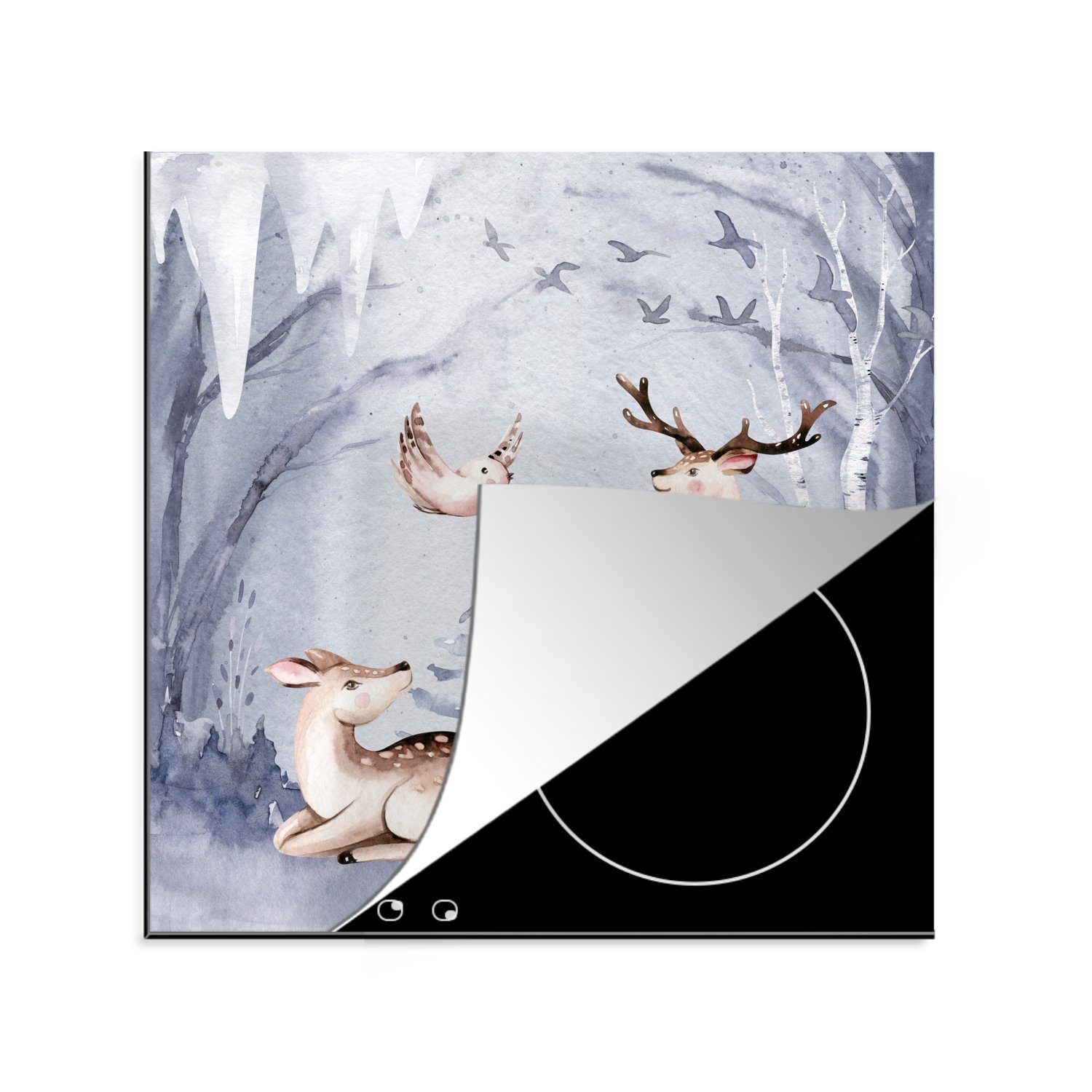 MuchoWow Herdblende-/Abdeckplatte Winter - (1 Vogel cm, Ceranfeldabdeckung, für küche Hirsch, Vinyl, Arbeitsplatte 78x78 - tlg)