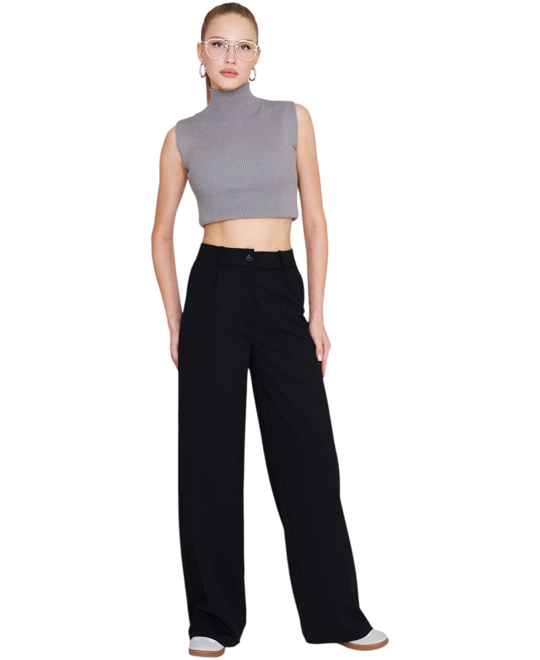 fashionshowcase Palazzohose Damen Stoffhose Marlenehose mit elastischem, hohem Bund