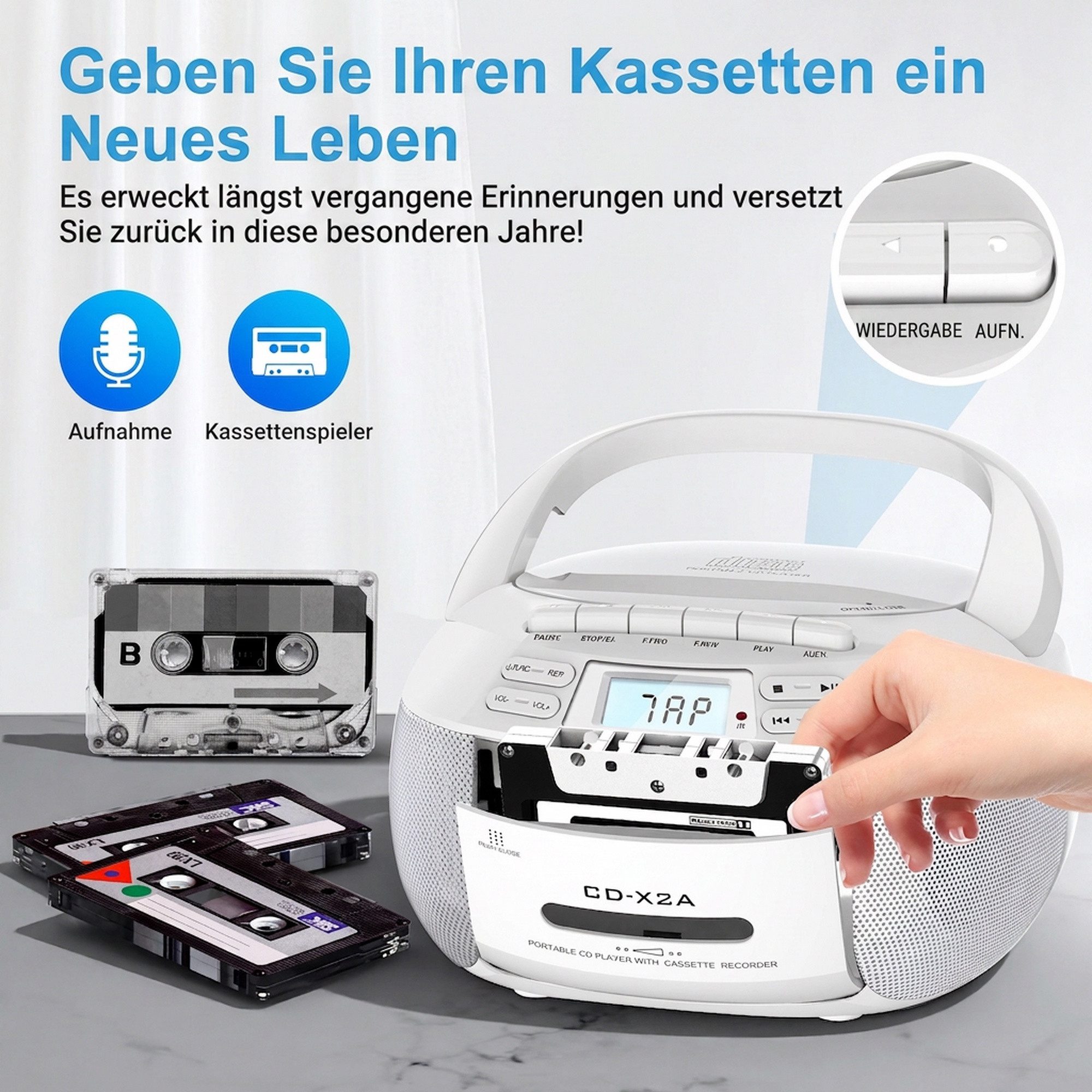 Greadio Tragbarer CD-Player Kassettenrekorder mit Bluetooth FM Radio, weiß Radio (FM (UKW)., mit CD, Kassette, USB und Bluetooth 5.1)