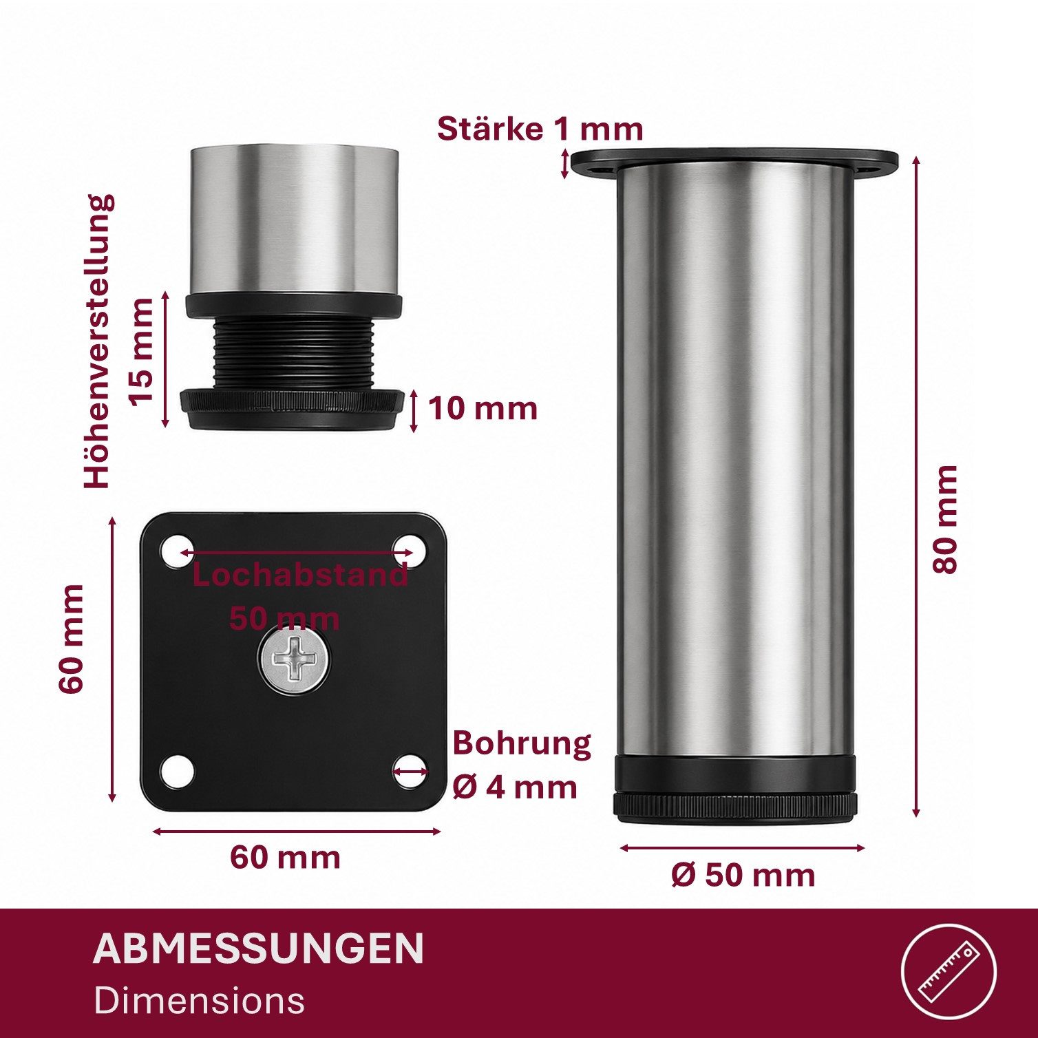 HOOZ Möbelfuß Edelstahl 80 mm höhenverstellbar 4er Set für Schrank & Kommode Ø50 mm, (Set, 4-St., 4er-Set Möbelbeine), Höhenverstellbar bis 15 mm mit integriert – Bild 4 von 5
