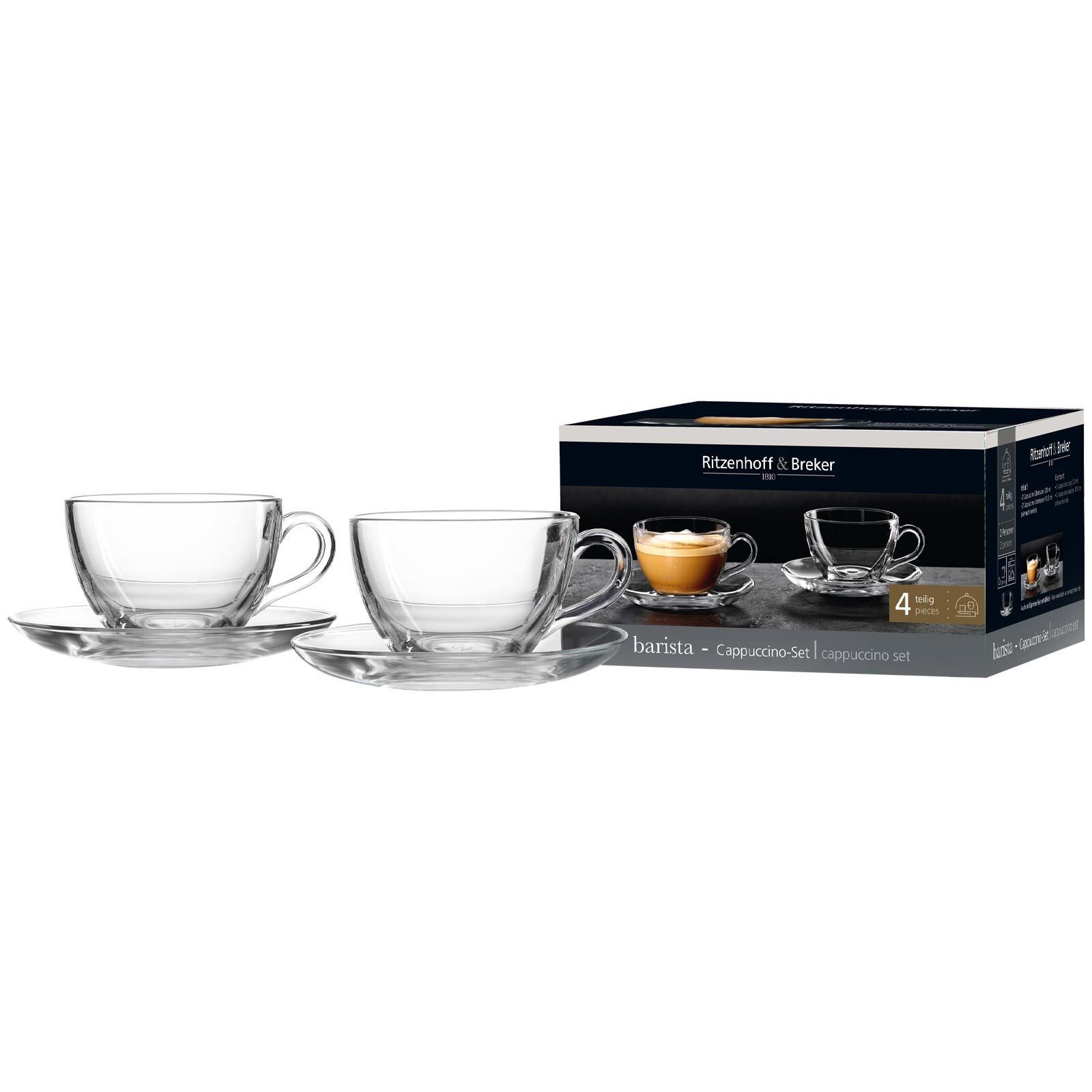 Ritzenhoff & Breker Cappuccinotasse Barista Cappuccino-Set 220 ml 2er Set, 4-tlg., Glas