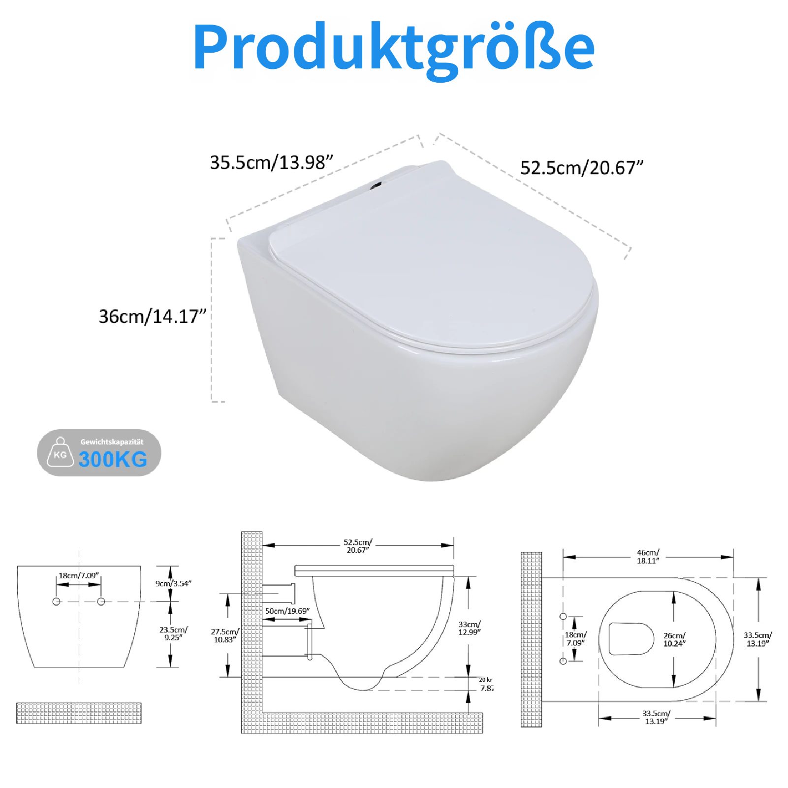 Rutaqian Spülrandloses Wand-WC mit 360°-Einloch-Super-Swirl-Spülung WC-Reiniger (Wand-WC-Becken mit Soft-Close-Sitz für moderne Badezimmer)