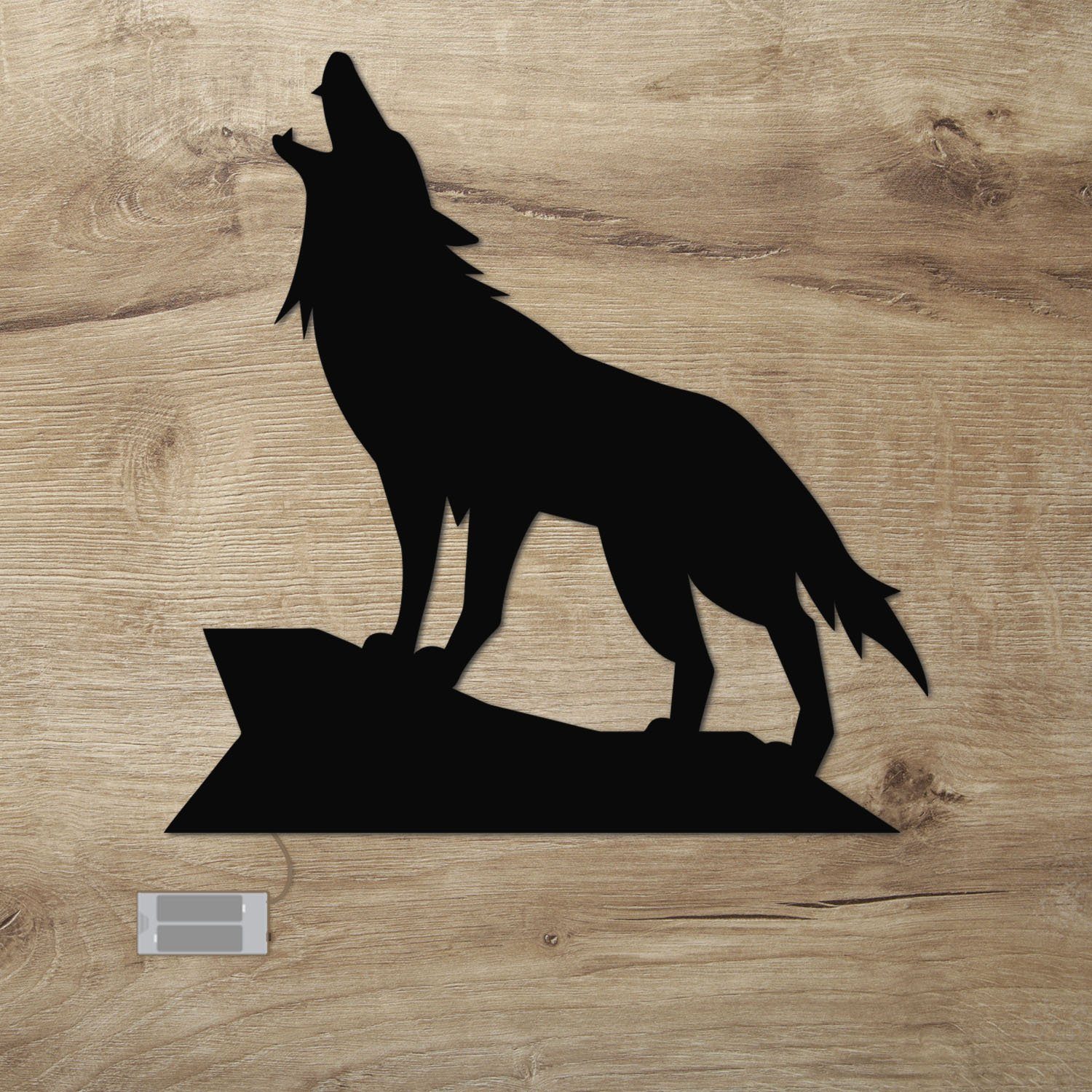 Namofactur LED Dekolicht Wolf - Dekoobjekt aus Holz mit Tier Motiv - Wand Lampe, Ohne Zugschalter, LED fest integriert, Warmweiß, Wanddekoobjekt Wohnzimmer Leuchte batteriebetrieben Schwarz