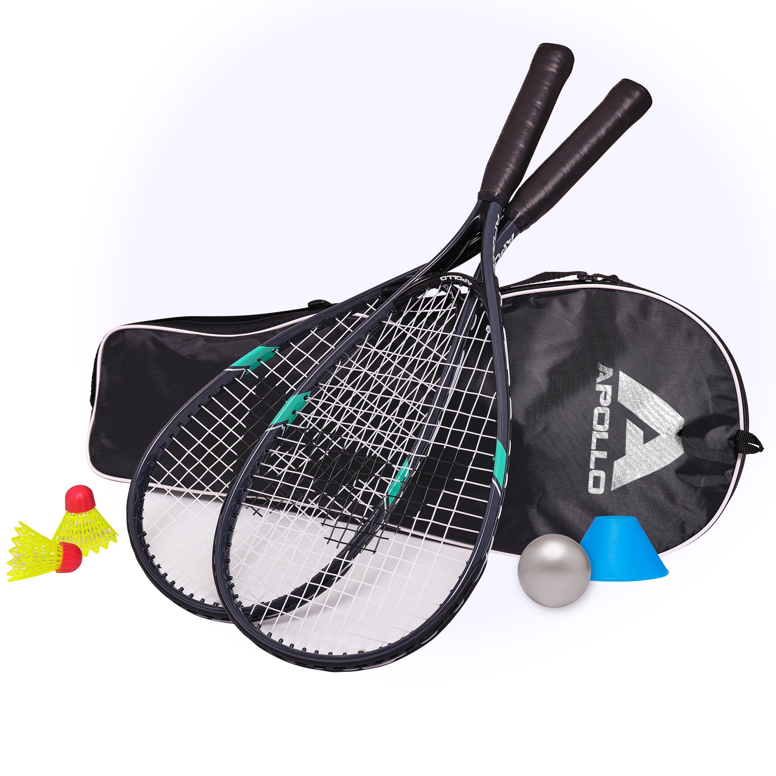 Apollo Speed-Badmintonschläger Badminton Schläger Set Kinder Speed Pro, (Set, inkl. Tragetasche, Federbällen, Schaumball und Hütchen), inkl. Tragetasche, Federbällen, Schaumball und Hütchen Grau/Mint