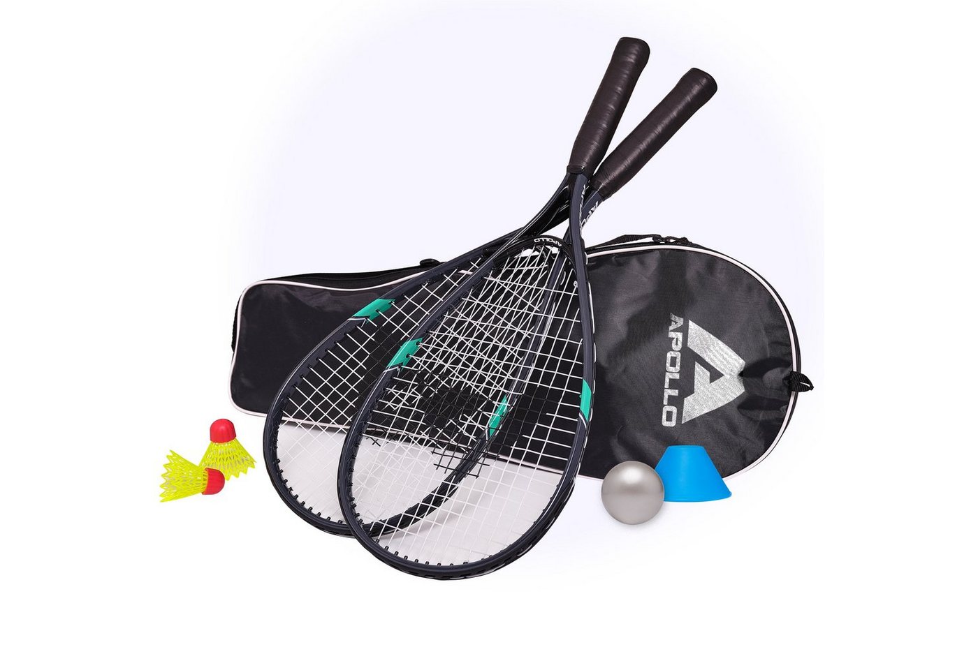 Apollo Speed-Badmintonschläger Badminton Schläger Set Kinder Speed Pro, (Set, inkl. Tragetasche, Federbällen, Schaumball und Hütchen), inkl. Tragetasche, Federbällen, Schaumball und Hütchen