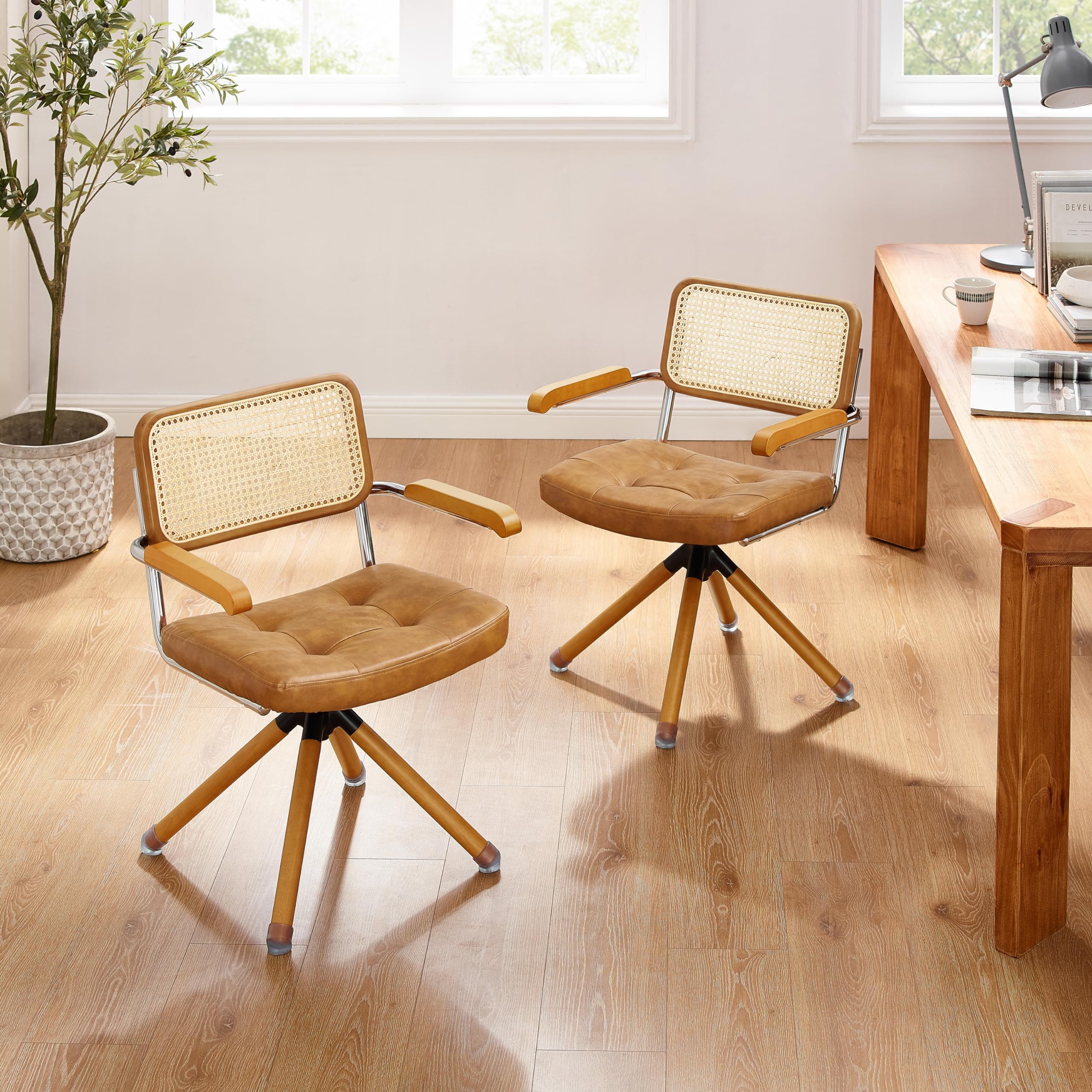 Art Leon Esszimmerstuhl CC058 (Rattan Bürostuhl ohne Rollen, Esszimmerstuhl Mid‑Century Modern Drehstuhl mit Buchenholzbeinen, Kunstleder gepolsterter Akzentses – Bild 5 von 5