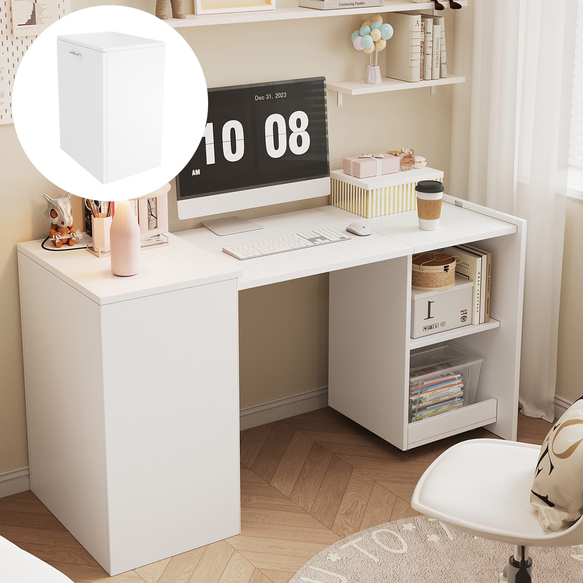 Regal-Schreibtisch 2-in-1 ausziehbar Computertisch mit Rollen/Schrank mit Ablagen