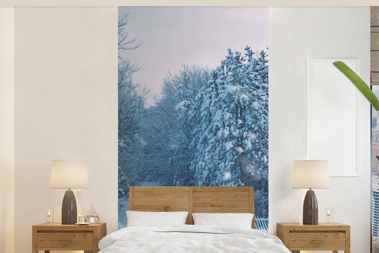 (2 Fototapete - Schlafzimmer Küche, - Wald Vliestapete St), bedruckt, für Schnee MuchoWow Wohnzimmer Fototapete Matt, Winter,
