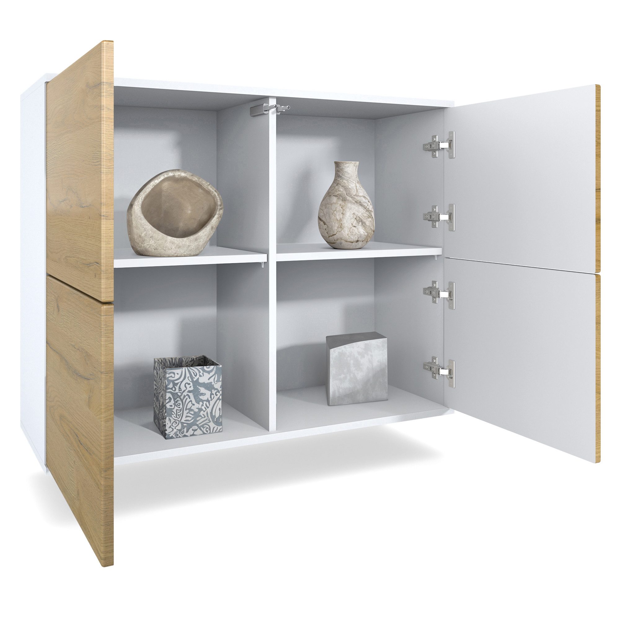 Vladon Kommode Rova V3 (Moderner Küchenschrank, mit 4 Push-to-Open Türen), Weiß matt / Eiche sägerau (92,5 x 73.5 x 35)