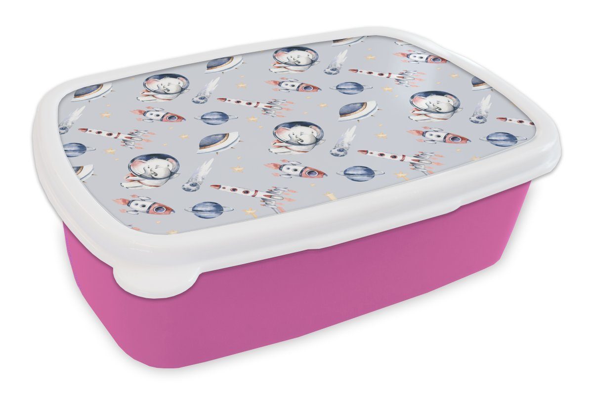 MuchoWow Lunchbox Muster - Elefant - Rakete - Jungen - Mädchen - Kinder - Mädchen, Kunststoff, (2-tlg), Brotbox für Erwachsene, Brotdose Kinder, Snackbox, Mädchen, Kunststoff rosa