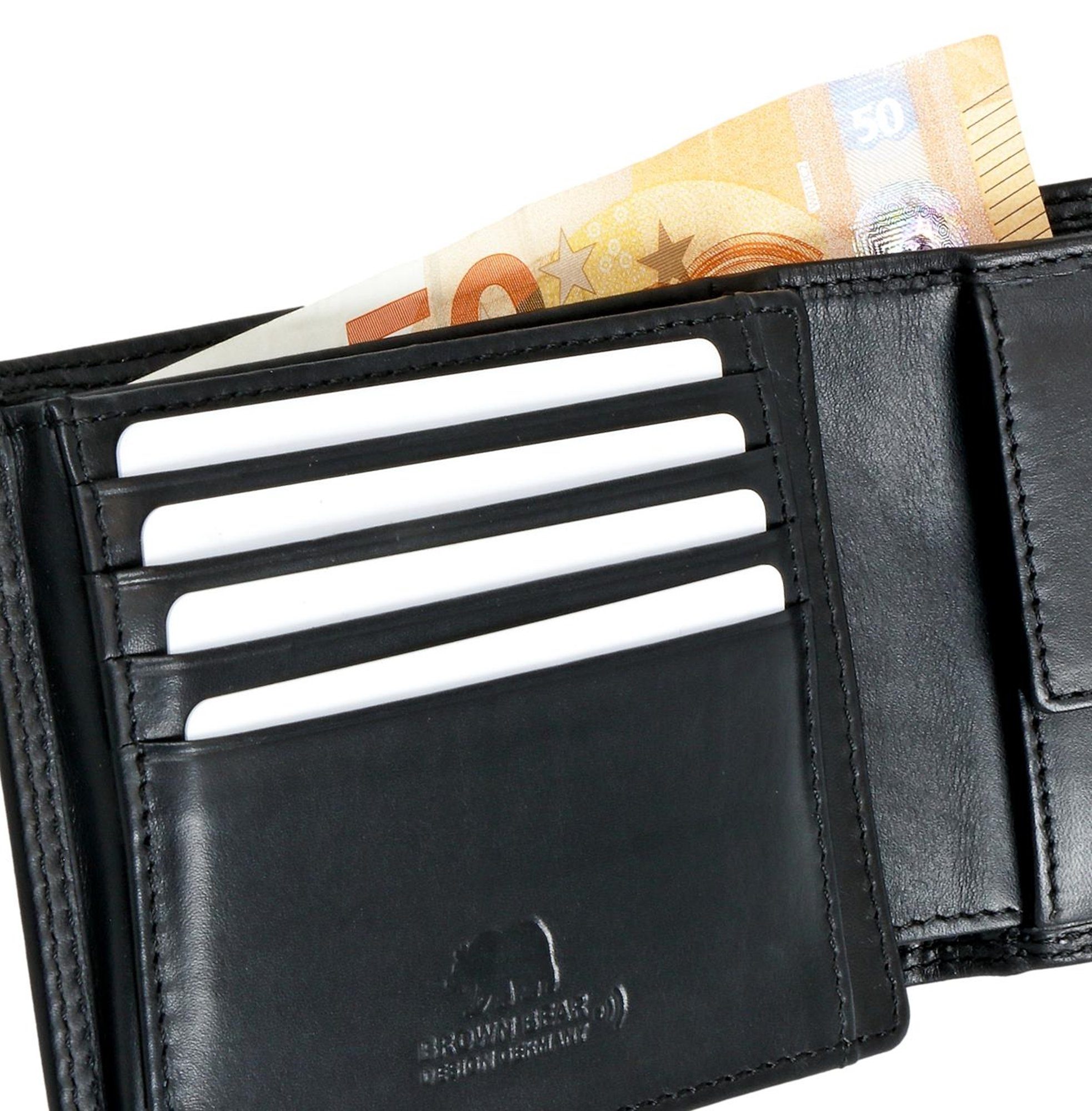Black aus Geldbörse Portemonnaie 8005 D Kartenfächern 9 Herren Modell Nappa Brown RFID-Schutz mit klassisches Echtleder, Bear Schwarz und